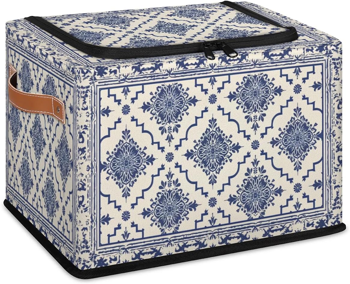 Ethnic Art Flower Storage Box with Lid and Handles Foldable Cloth Storage Basket Bin Bags for Shelves Closet Shelf Toys Clothes Bed Sheets Organizer 2 Pack