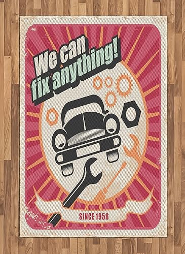 Años 50 área alfombra por lunarable, Auto servicio taller mecánico de transporte mecánico cartel Retro Diseño Artístico, tela plano alfombra de