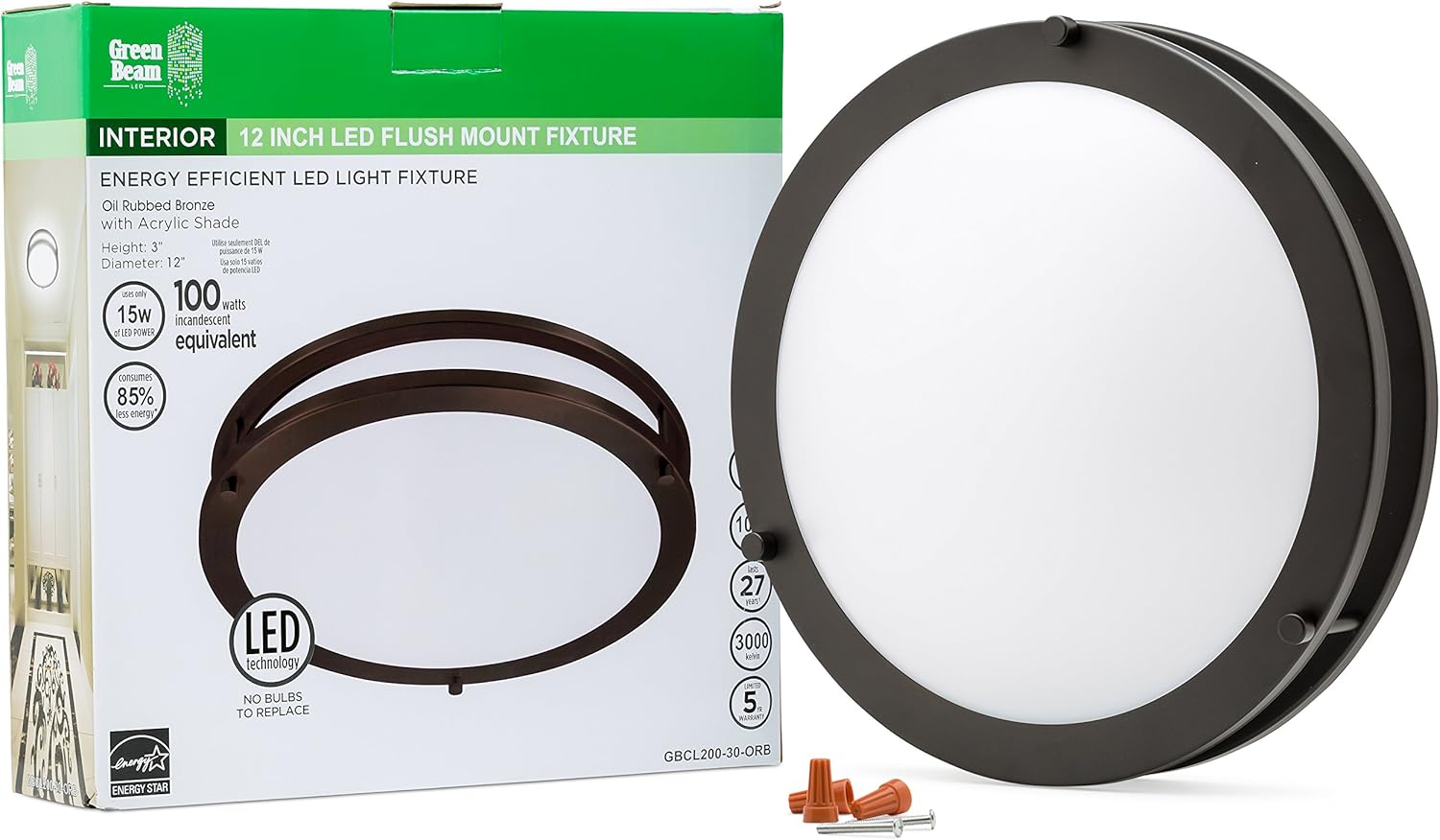 Green Beam LED Flush Mount Light Fixture, Ceiling Light, Kitchen Light Fixture, Bathroom Light Fixture,Oil Rubbed Bronze, 3000K Warm White, 15 Watt-1050 Lumens, 12-Inch