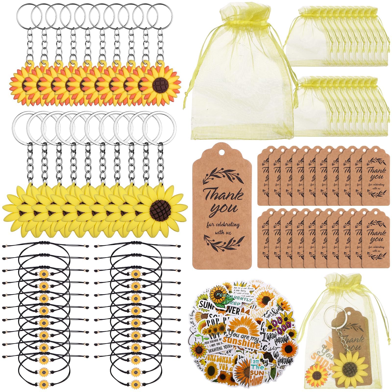 130 regali per feste a forma di girasole con portachiavi con girasole regolabili, adesivi per girasole, etichette di ringraziamento, sacchetti in organza per compleanni, matrimoni, feste estive
