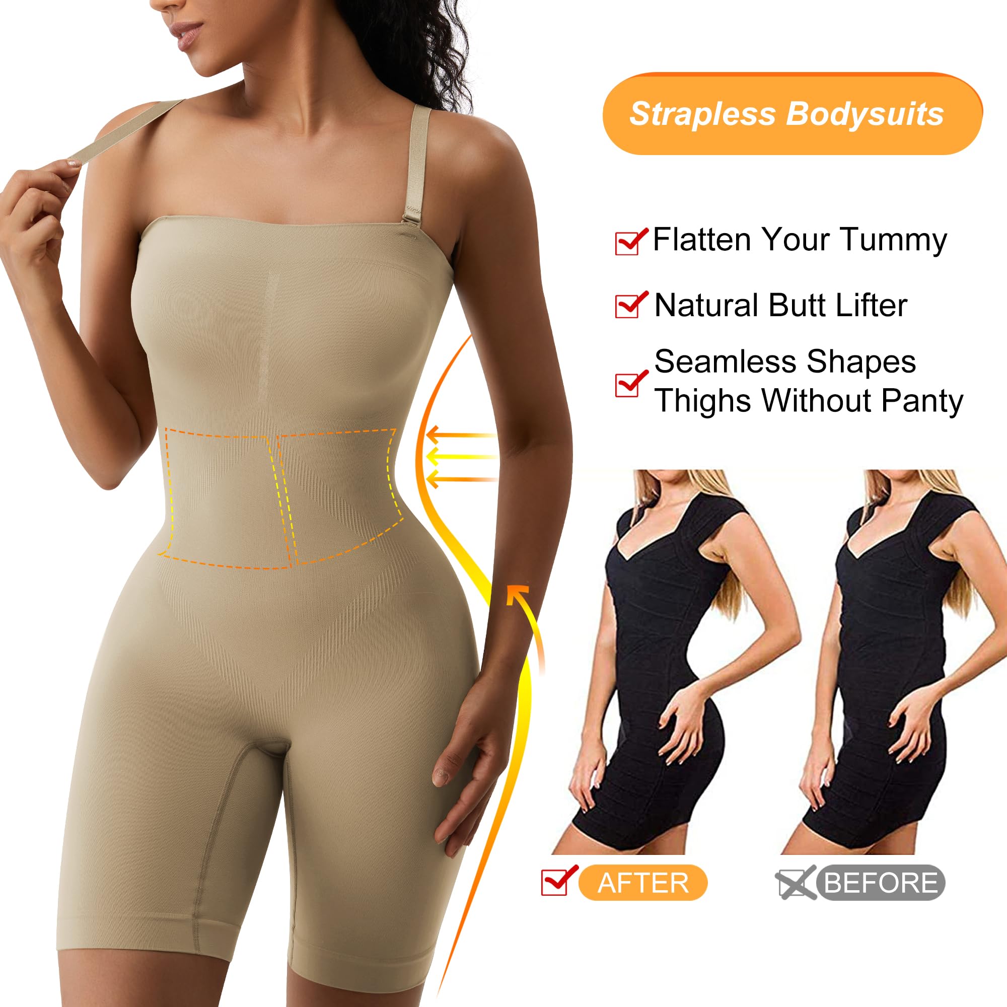 HOMETA Shapewear für Damen, Bauchkontrolle, Po-Heber, Bodyshaper, trägerlos, nahtlos, Mitte Oberschenkel, Overall, Tops