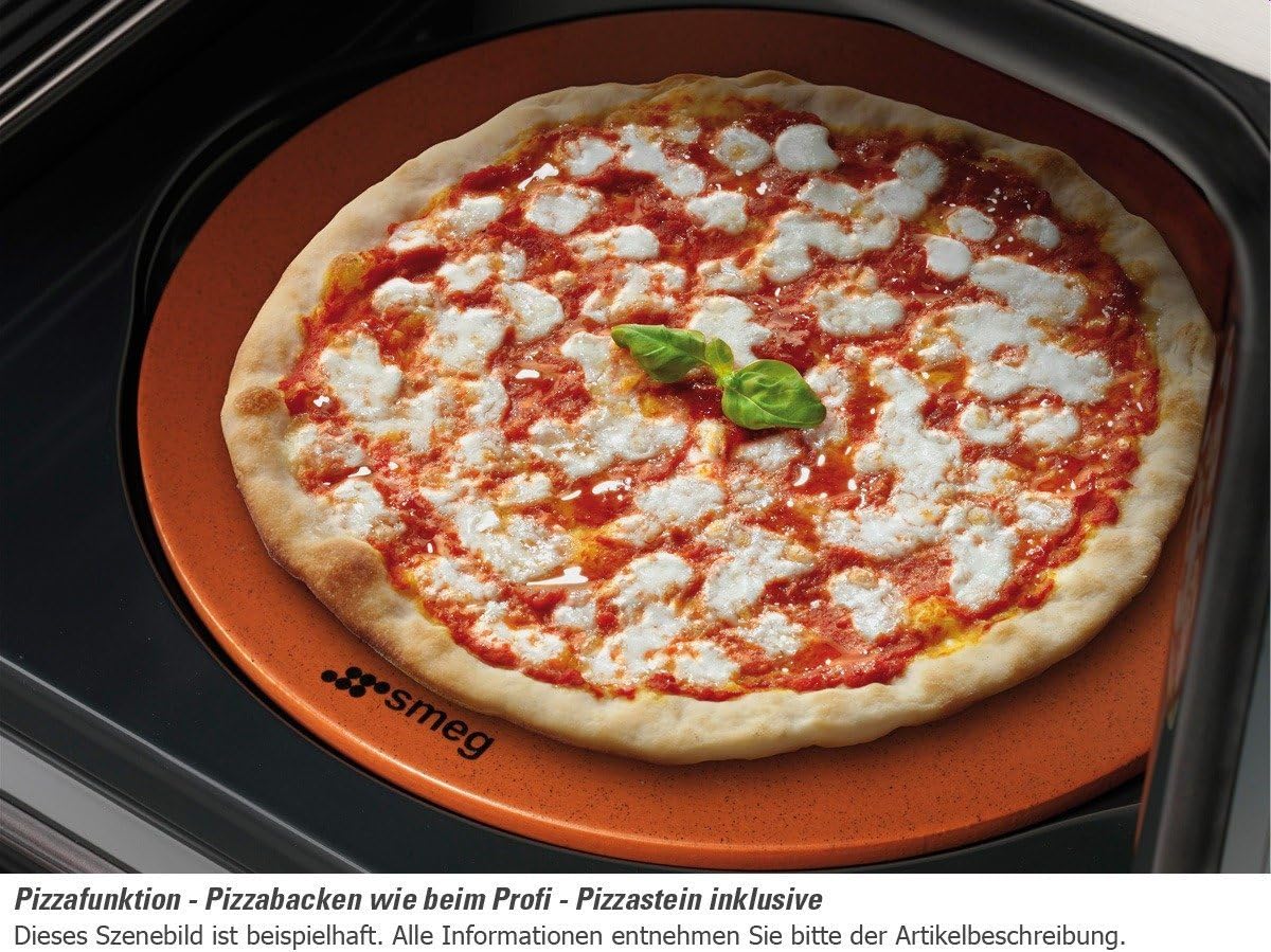 Cooked pizza on a Smeg refractory pizza stone inside the oven