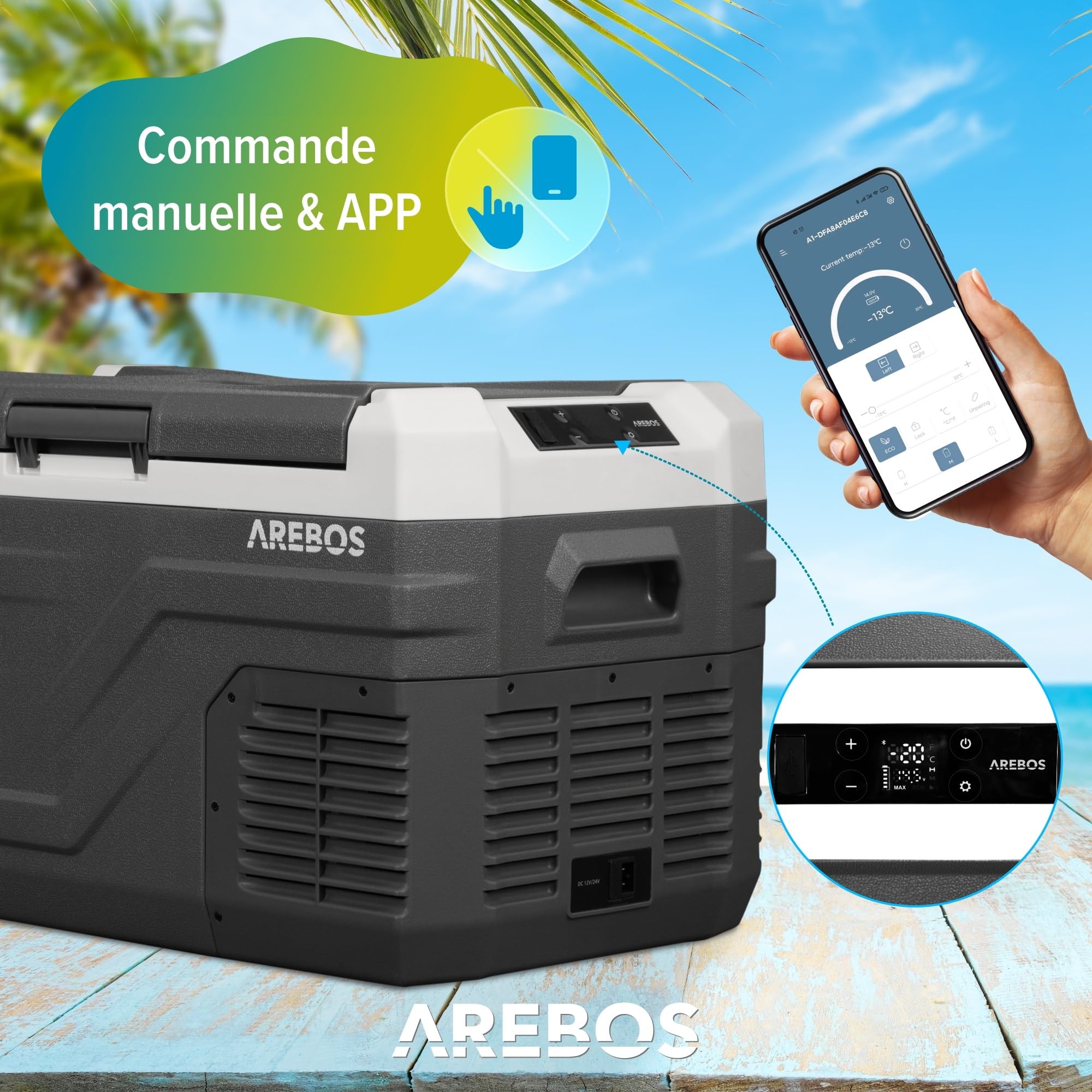 Arebos Glacière à compresseur 26 L | Réfrigérateur & congélateur Portable Jusqu’à -20 °C | Application & Commande Intelligente | 12/24V & 230V | USB | pour Voiture, Camion, Bateau, Camping-Car
