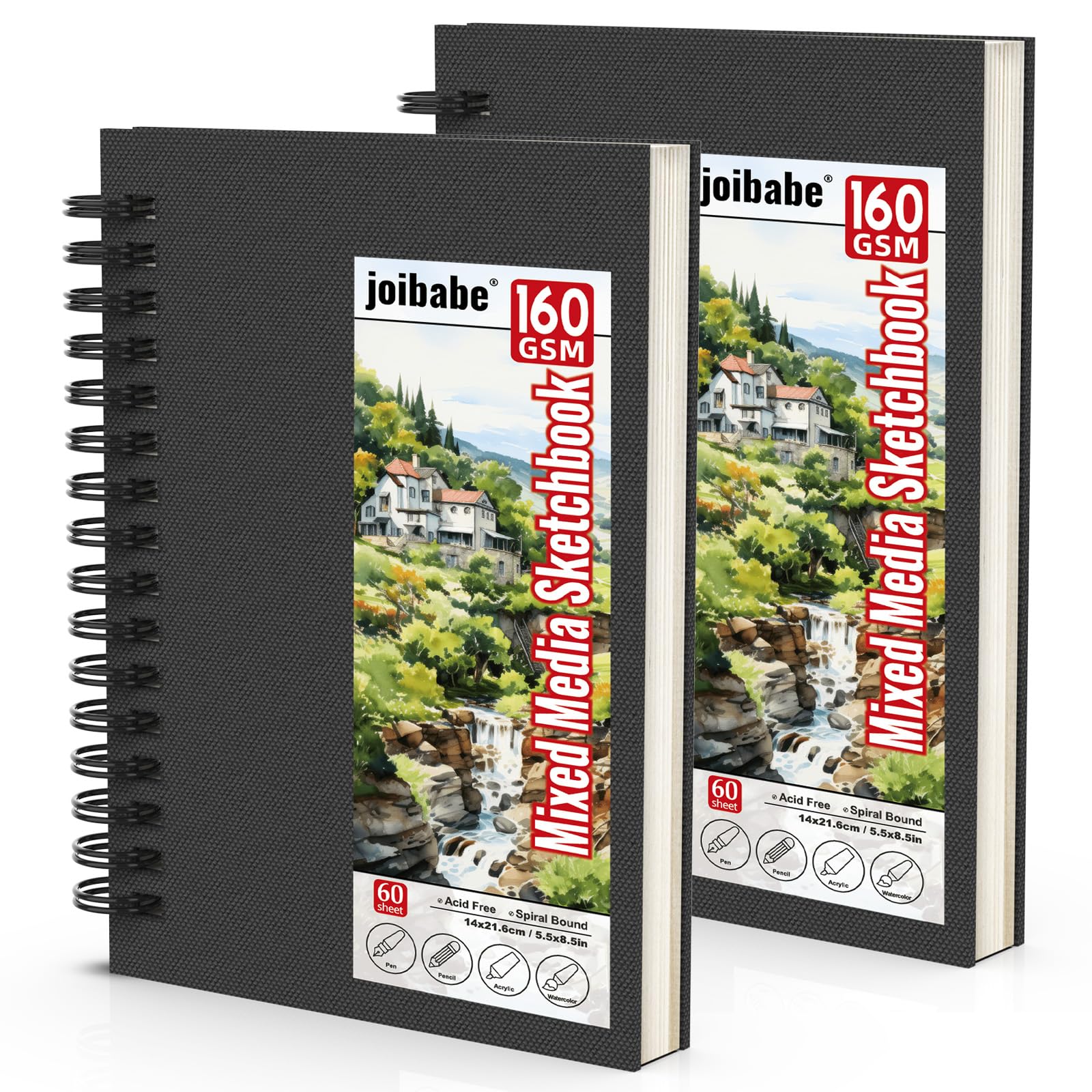 joibabe Gemischte Medien Skizzenbuch A5(14x21,6 cm) 2er Set, 160 gsm, 60 Blätter, Spiralbindung, säurefreies Zeichenbuch, Aquarell & Acryl geeignet, Schwarz
