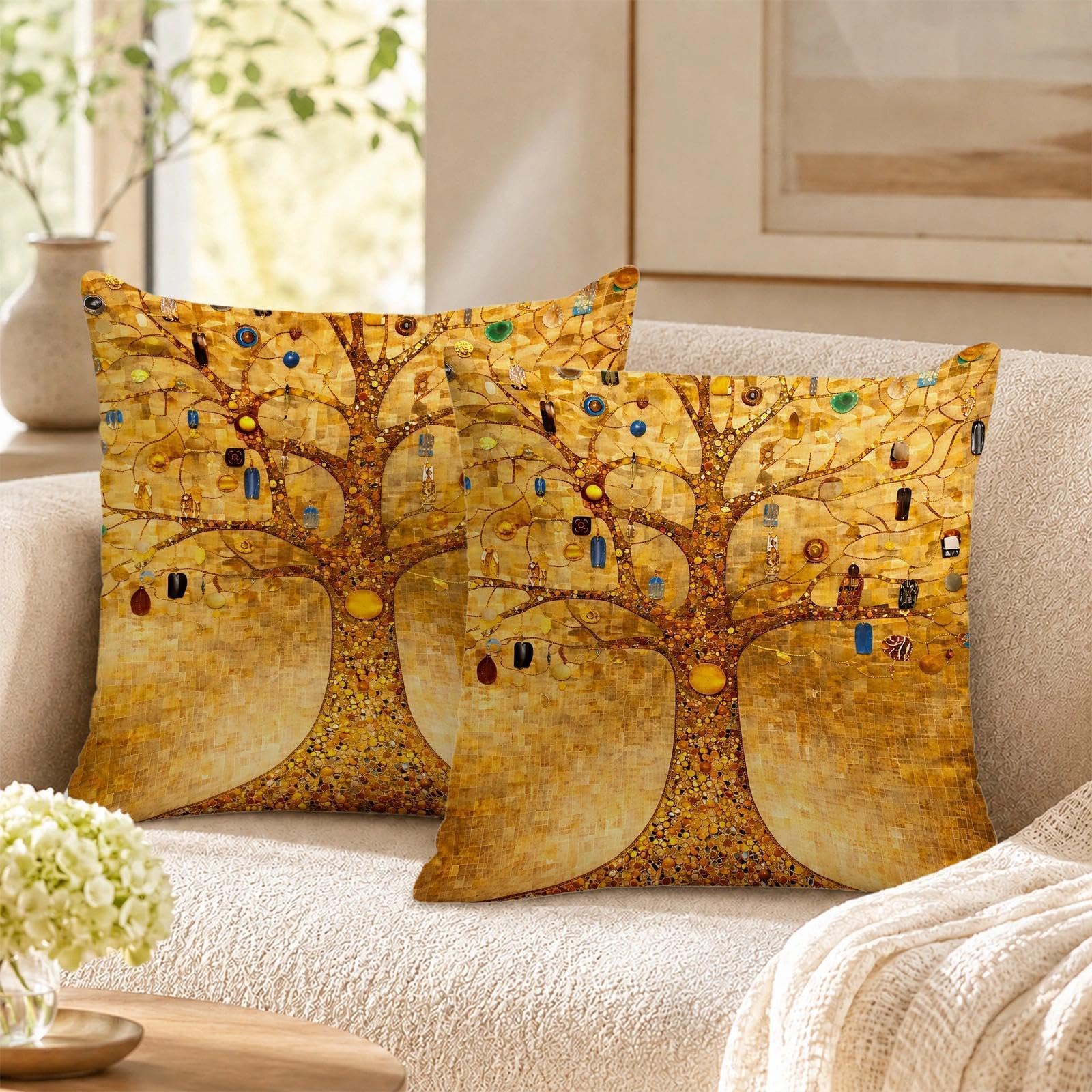 Tree of Life Cushion Covers Set of 2, 45x45cm Classic Art Print Throw Pillow Cases, Decorative Square Pillow Covers with Hidden Zipper for Sofa Couch Bedroom Living Room Home Decor 18 x 18 Inch