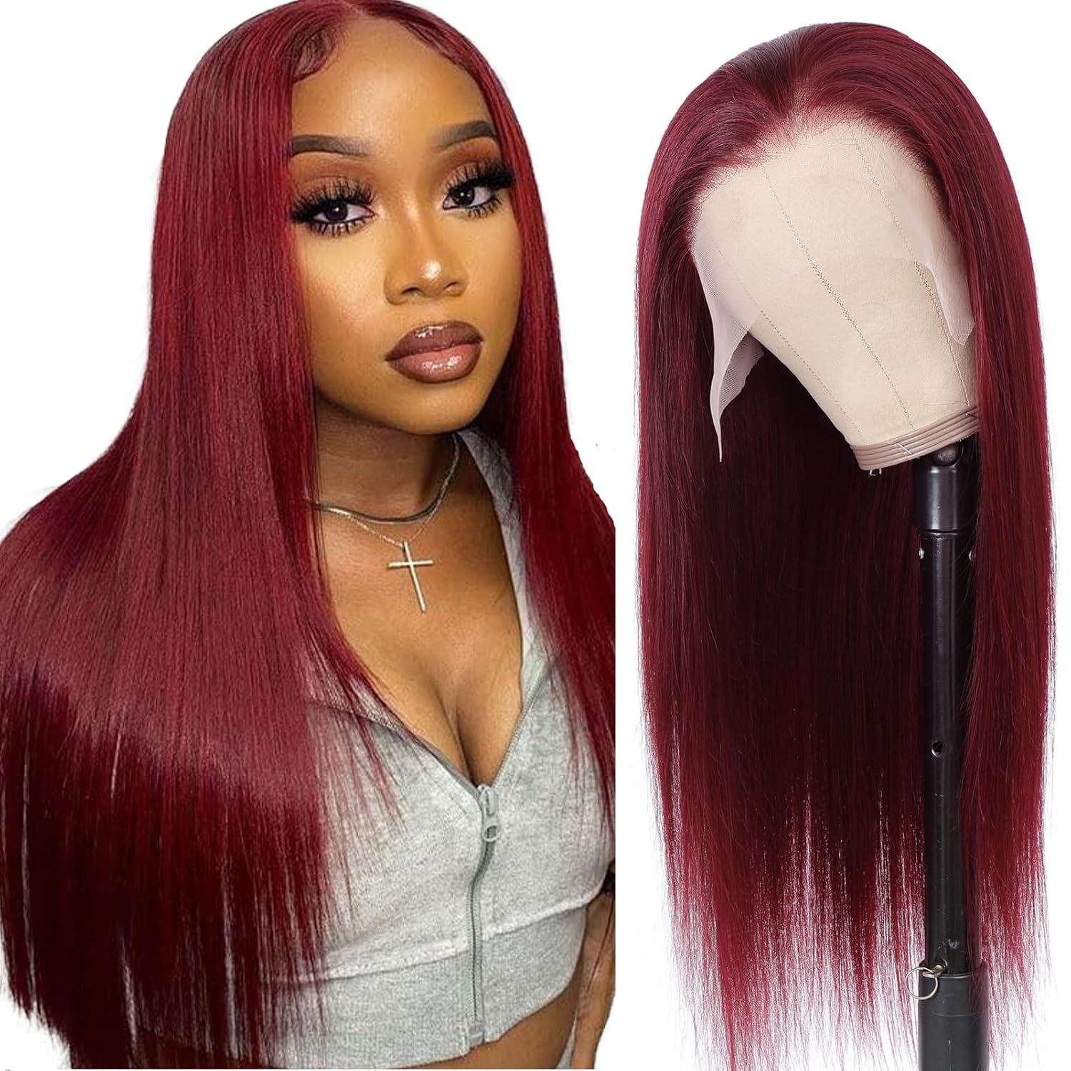 Burgundy Straight Lace Front Wigs Human Hair 13x6.5 Straight Lace Frontal Wigs 250% Density Glueless Burgundy Transparent Lace Front Wig Human Hair Colored (26 inch, 99j)