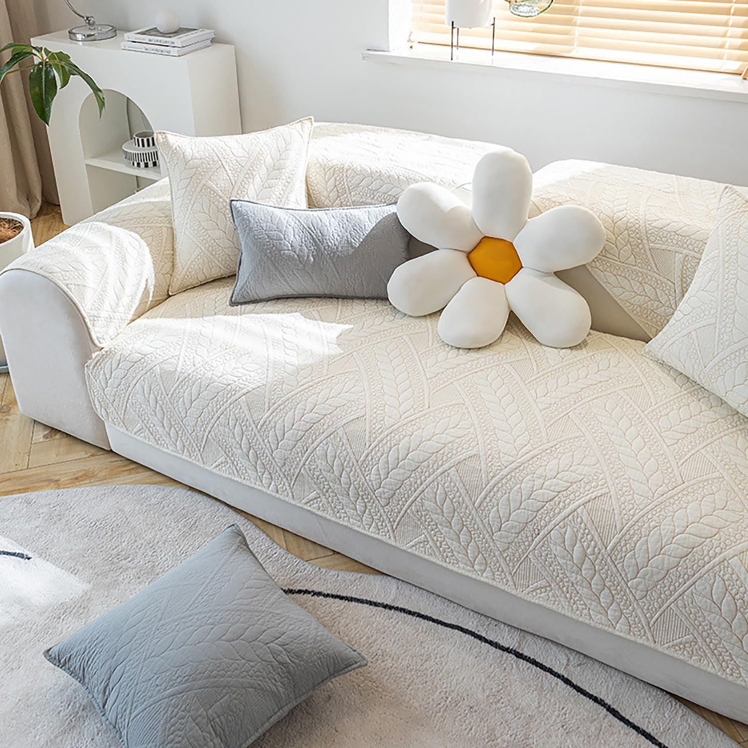 Housse de canapé en coton jacquard beige antidérapant 110x240 cm