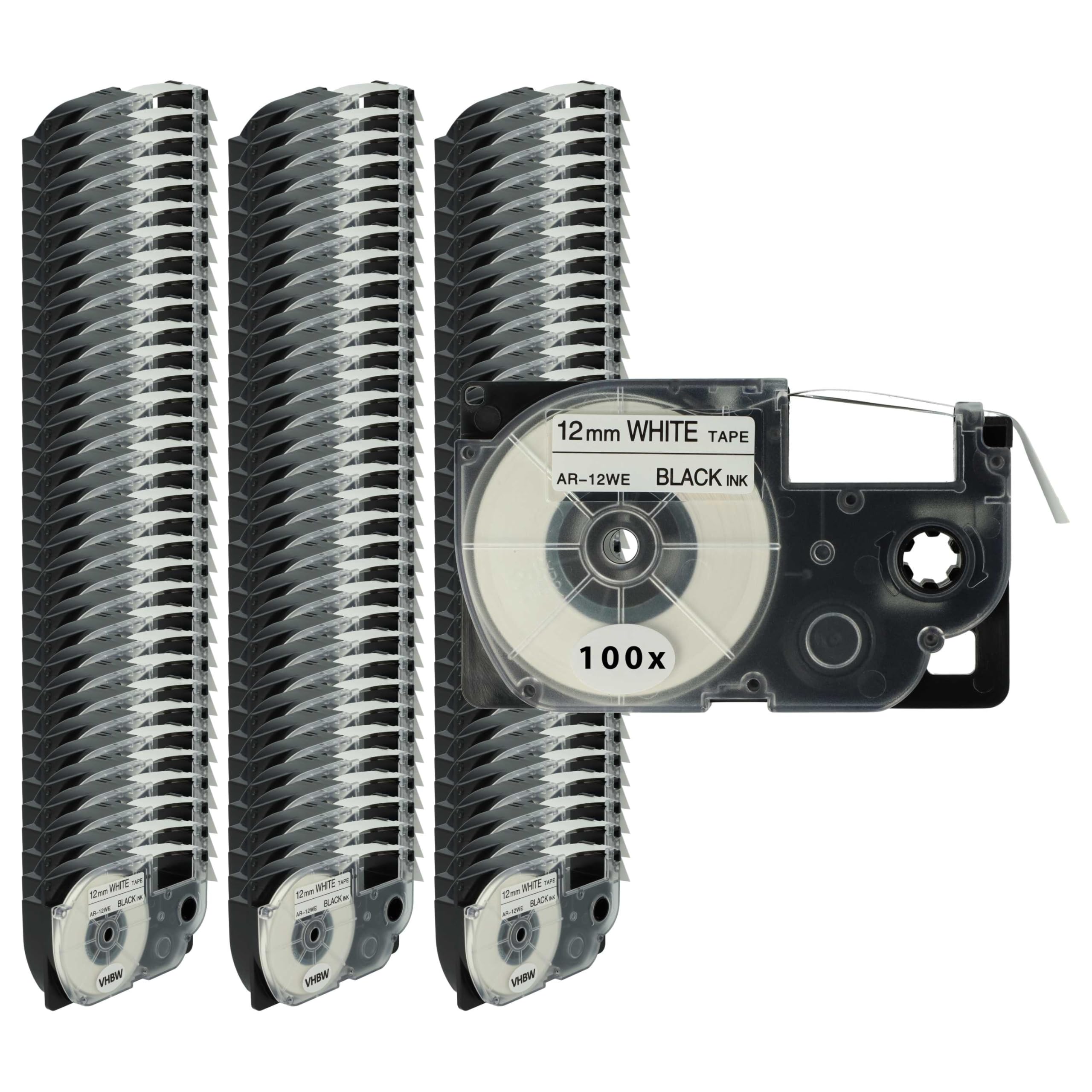 vhbw 100x Cassetta nastro sostituisce Casio XR-12WE, XR-12WE1 per etichettatrice 8m x 12 mm nero su bianco