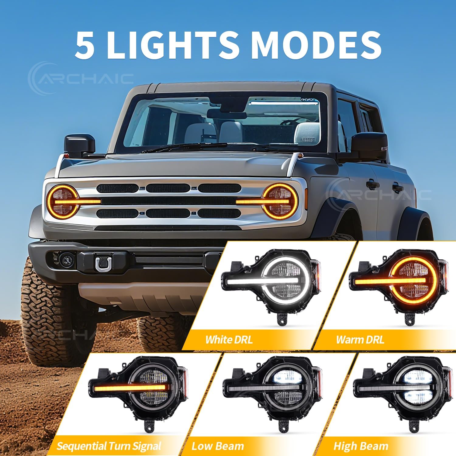 Archaic Headlights Compatible for 2021-2024 Ford Bronco 2 or 4 Door [Base/Big Bend/Badlands/Wildtrak/First Edition/Raptor],w/Amber/White Startup Animated DRL,Sequential Turn Signal, Plug and Play.pair