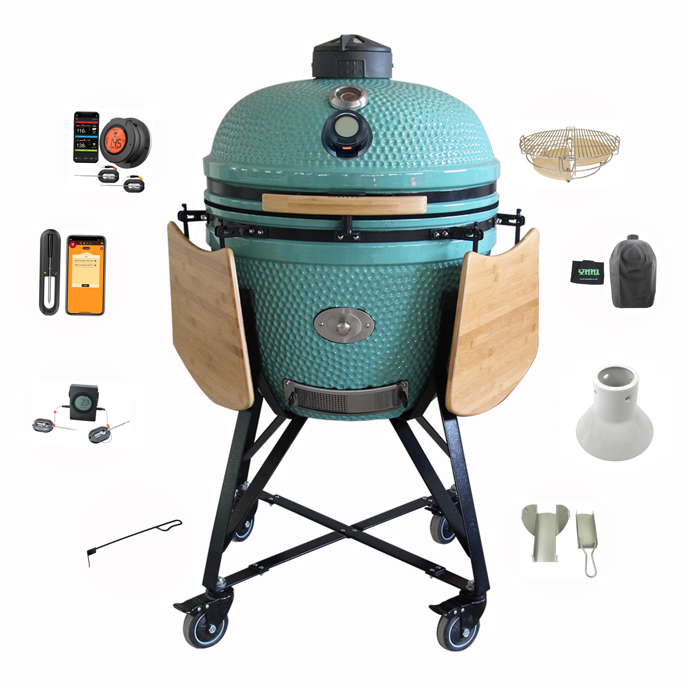 YNNI KAMADO TQTT18CY średni zestaw kamado, grill 45 cm, cyjan (jasnoniebieski) podwójny termometr z podajnikiem chipów, dziel i zdobywaj, pokrywa, termometr cyfrowy, ceramika, jajko, palacz, TQTT18CY
