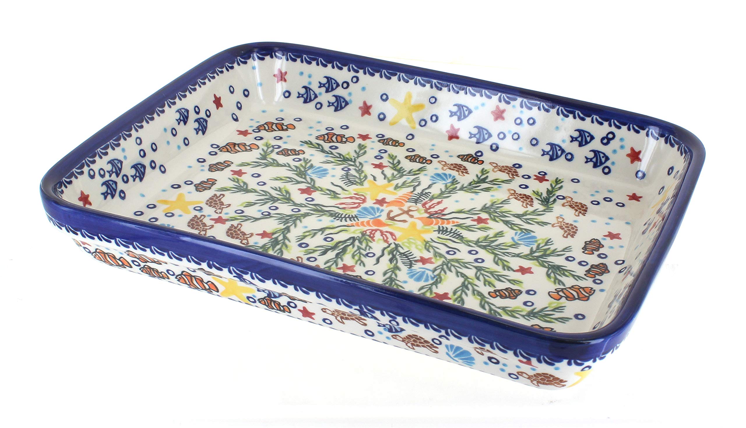 Blue Rose Polish Pottery - Yellow Atlantis Medium Rectangular Baker - 12" x 9.25" - Unique, Dishwasher Safe, & Durable Bakeware