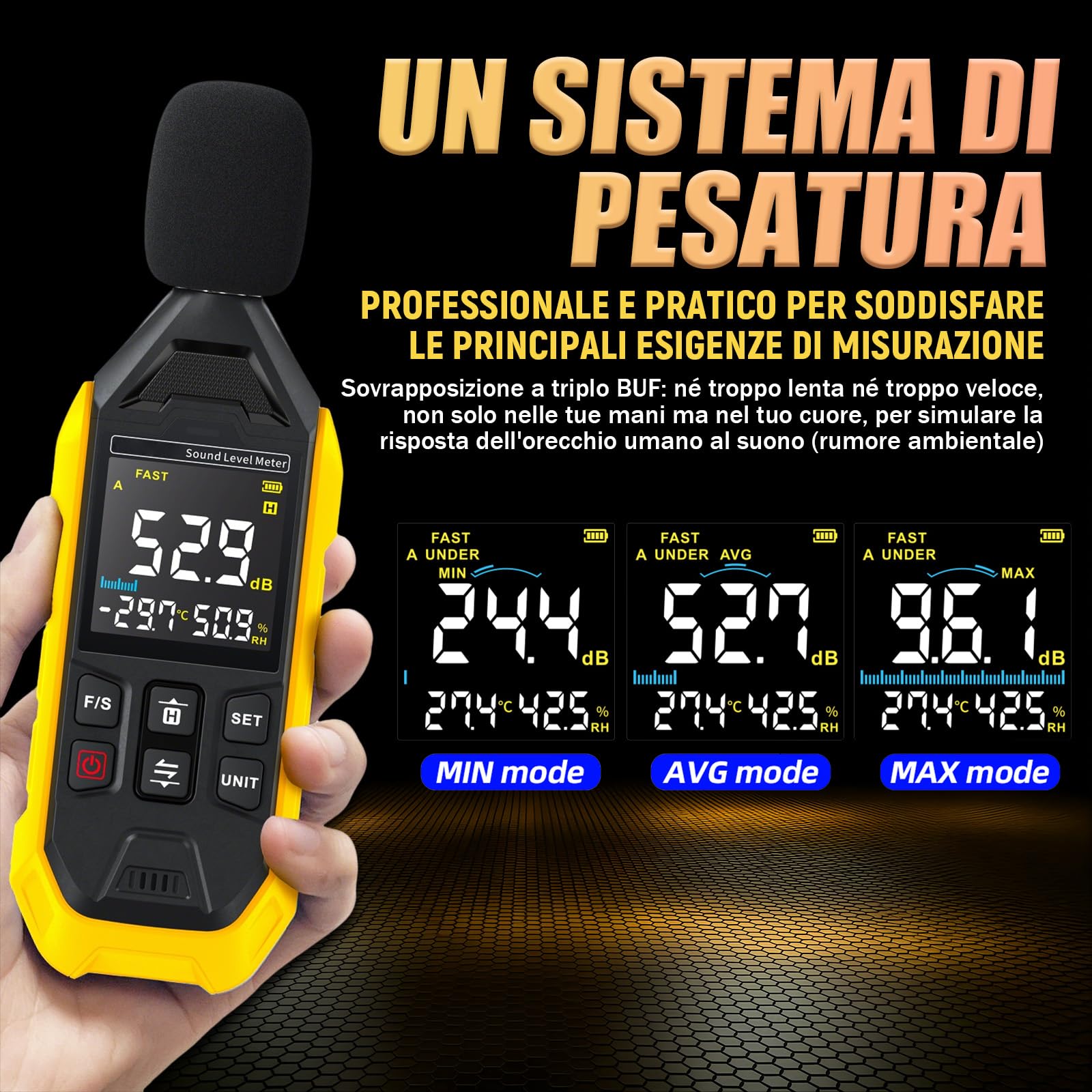 FDM01 Misuratore di decibel 600 mAh,Misuratore decibel ricaricabile,Da 30 dB a 130 dB,Min/AVG/Max Fonometro con Indicatore luminoso di allarme,Schermo a colori retroilluminato,Ponderato A