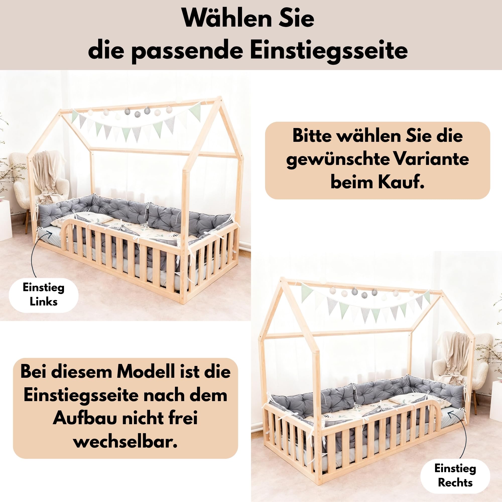 Bodenbett 90x160 für Kleinkinder, Montessori Hausbett aus FSC-Kiefernholz Weiß, Kinderbett mit Lattenrost und 41 cm Rausfallschutz, Einstieg Links