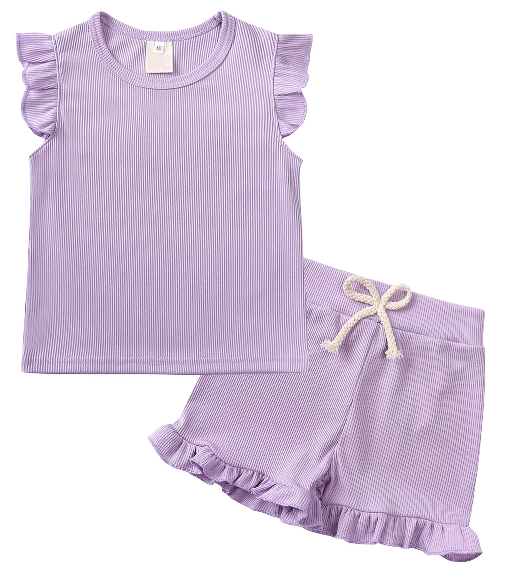 Happy Cherry Conjuntos Bebé Niña 2 Piezas Set Trajes Verano de Punto Camiseta Sin Mangas Volantes + Pantalones Cortos Cintura Elástica Lazo Conjuntos Color Sólido 9 Meses- 6 Años
