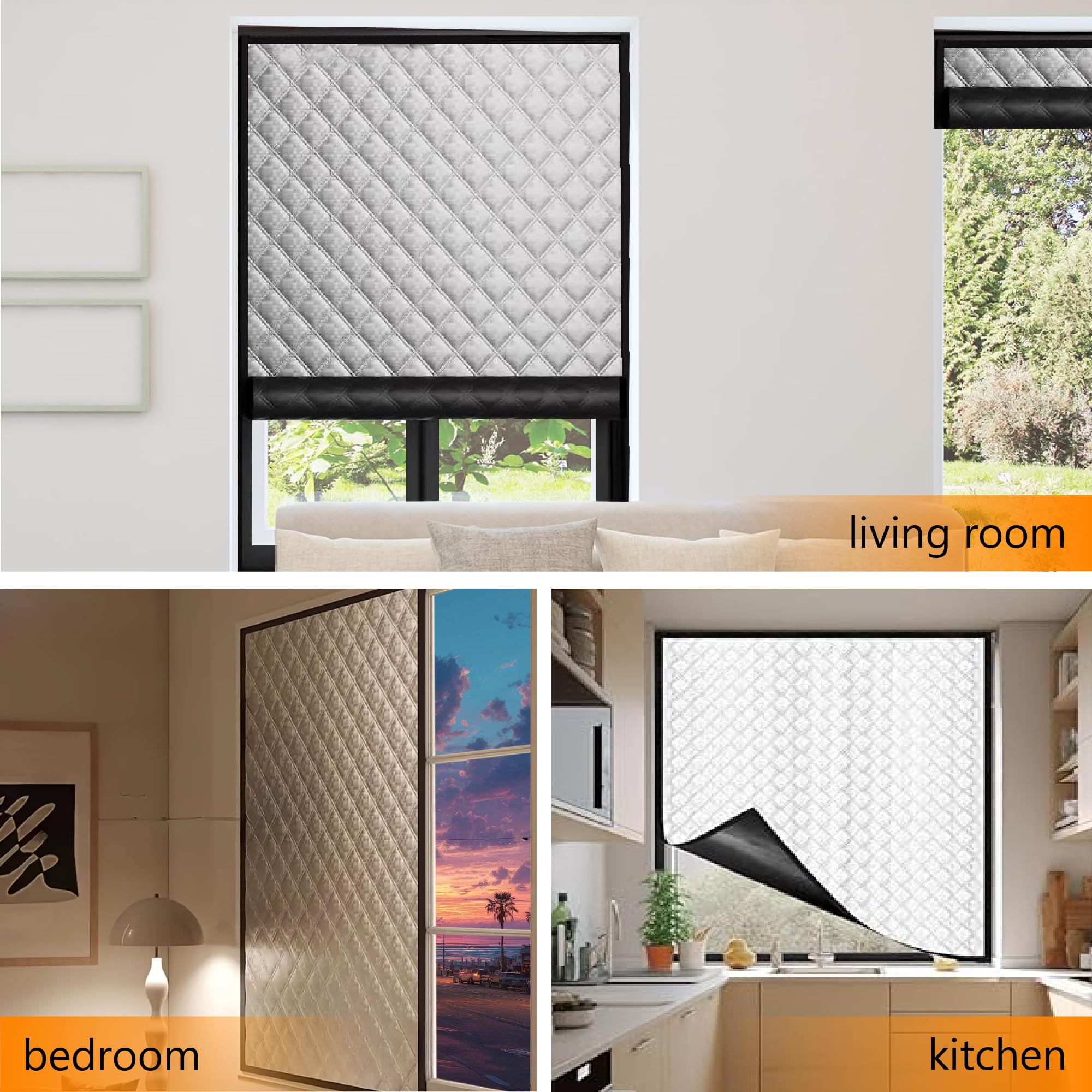Fensterisolierungsset 128 x 440 cm Oxford Gewebe Dick Baumwollfüllung Kälteschutzfolie Fenster Einfache Montage Ohne Bohren für Balkontür Terrassentür, Silber