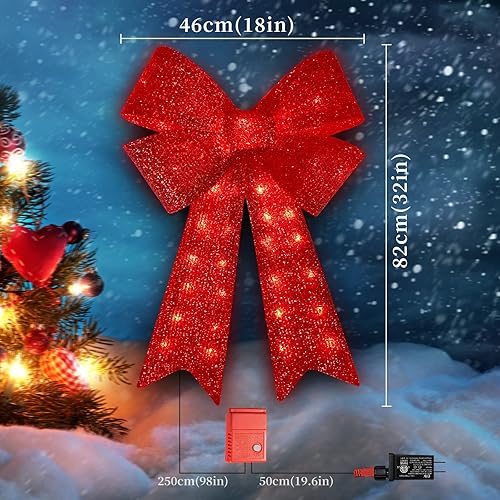 Miniatura 7 de 32 pulgadas 72 LED parpadeantes rojos lazos de Navidad con luces LED, decoración de árbol de Navidad, corona de lazo para decoración de Navidad en