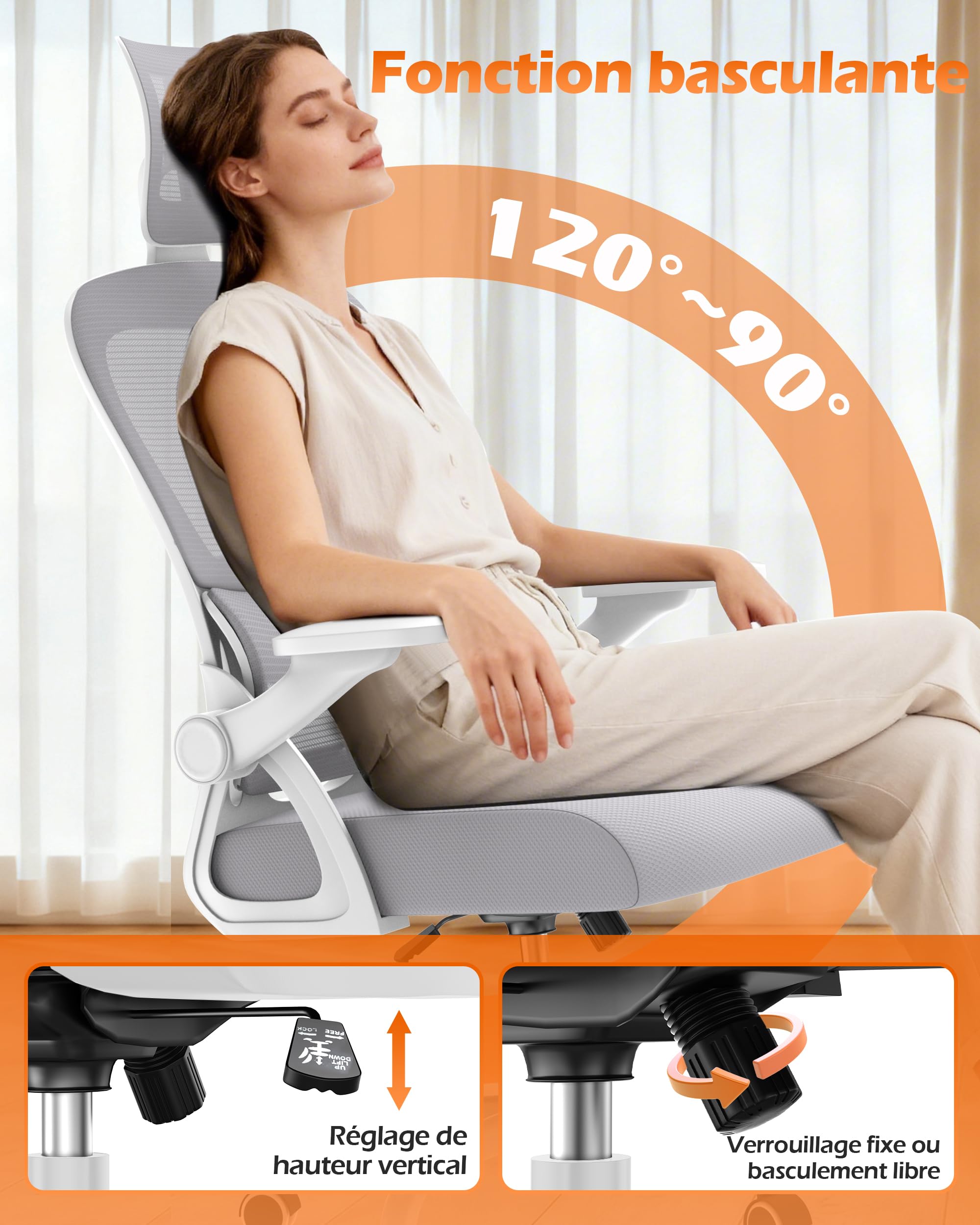 naspaluro Chaise de Bureau Ergonomique avec Support Lombaire, Gris