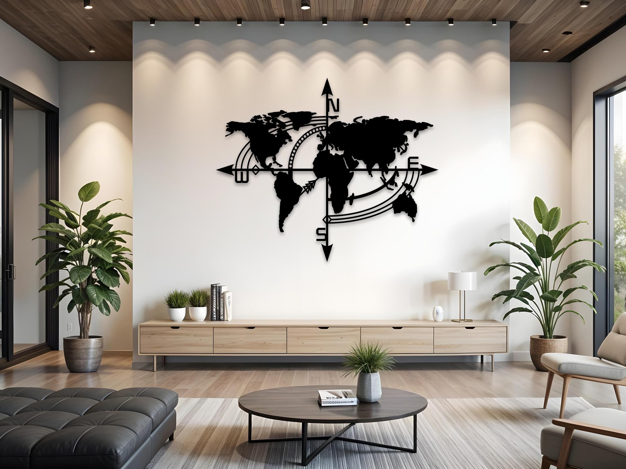 Kajaro Kompass Wandbild Holz 2-teilig, 1180x980 mm, selbstklebend | Gratis: zweites kleineres Bild. Selbstklebende Holz-Wanddeko in Metalloptik, einfache Montage ohne Bohren.