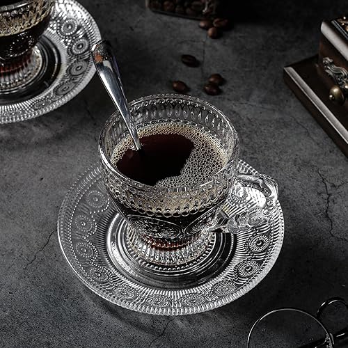 Miniatura 6 de Juego de 6 tazas de té y platillos de vidrio, tazas de café vintage con cuchara de acero inoxidable, aptas para lavavajillas y microondas, para jugo