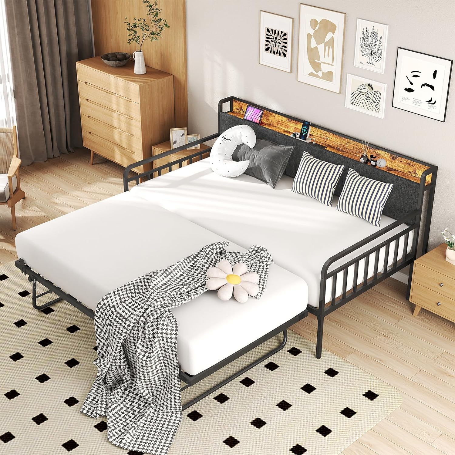 Zevemomo Twin Daybed with Pop Up Trundle, Heavy Duty Metal Twin Bed Frame with LED Lights Charging Station Upholstered Headboard, Daybed with Trundle Bed Twin for Living Room Bedroom Guest Room Black