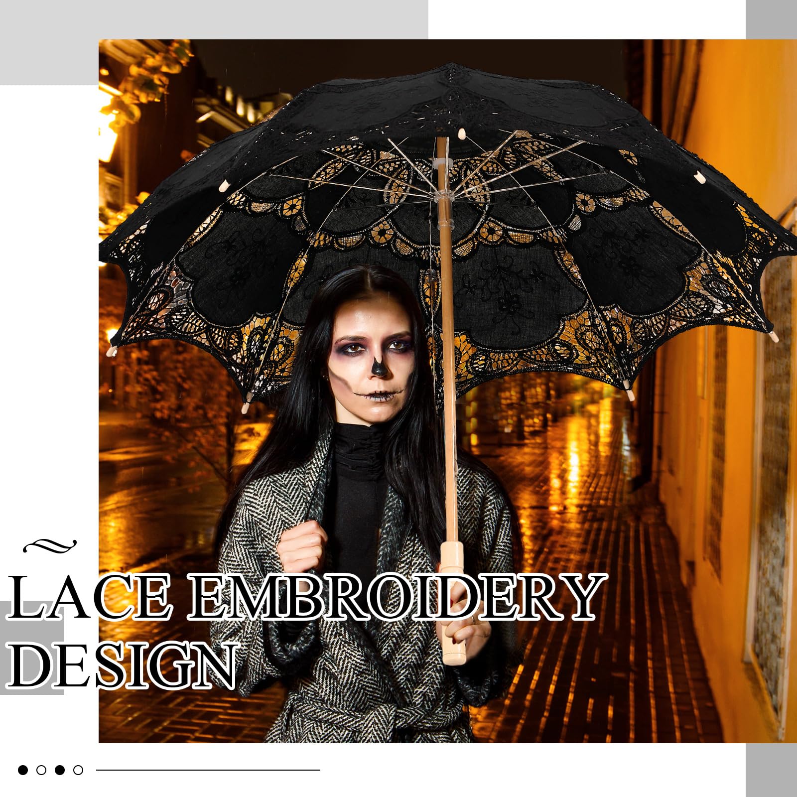 Paterr 3 Stück Vintage Spitze Sonnenschirm Gothic Schwarz Spitze Hand Faltbarer Fan Handschuh Lolita Regenschirm für Halloween Hexe Hochzeit Braut Cosplay Fotoshooting Lady Kostüm Requisiten 1920er