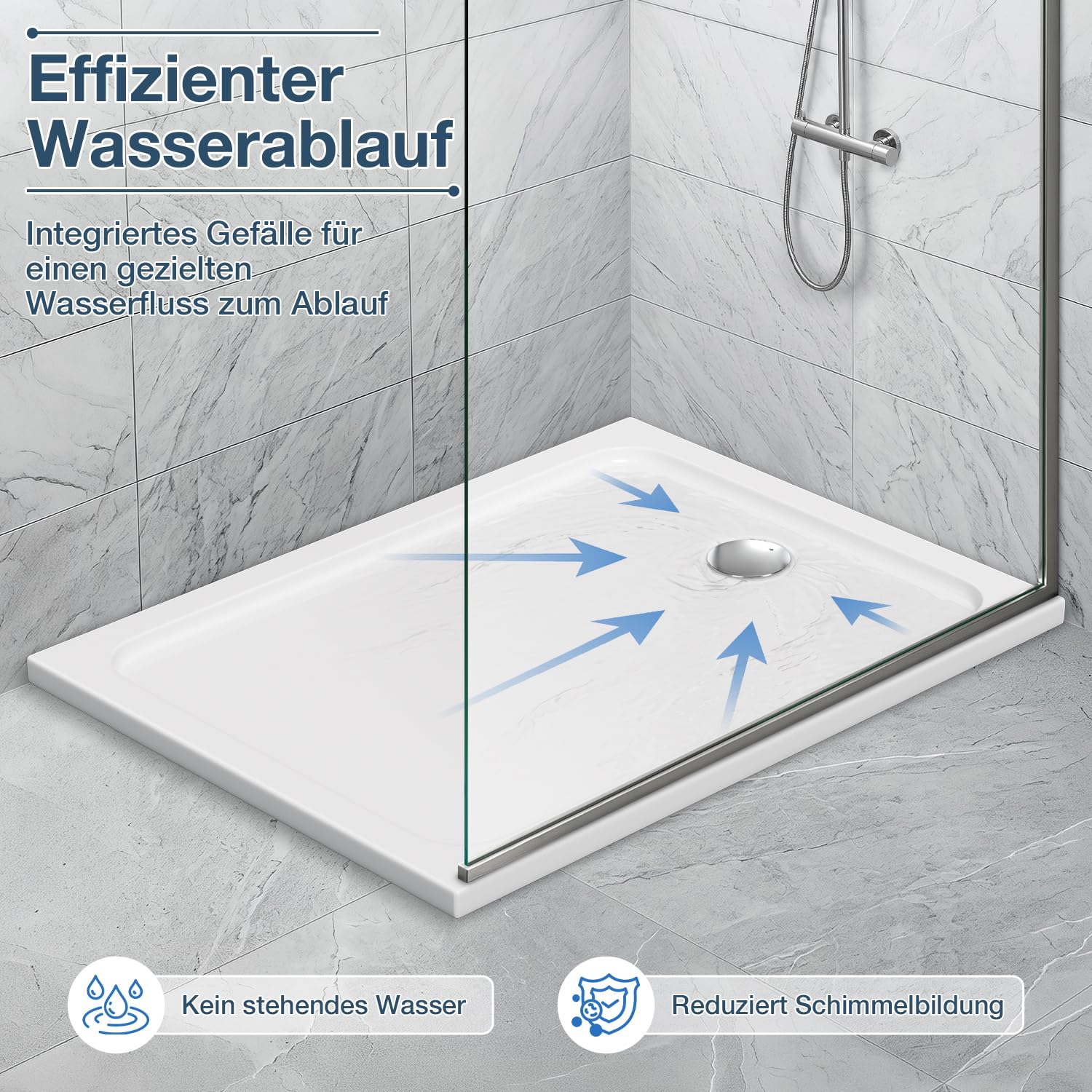 Piatto doccia 90 x 120 x 4 cm, in acrilico, 4 cm, piatto, bianco | Diametro 90 mm, foro di scarico, piatto doccia piatto da 4 cm, con pendenza, per piccoli bagni, ristrutturazione del bagno
