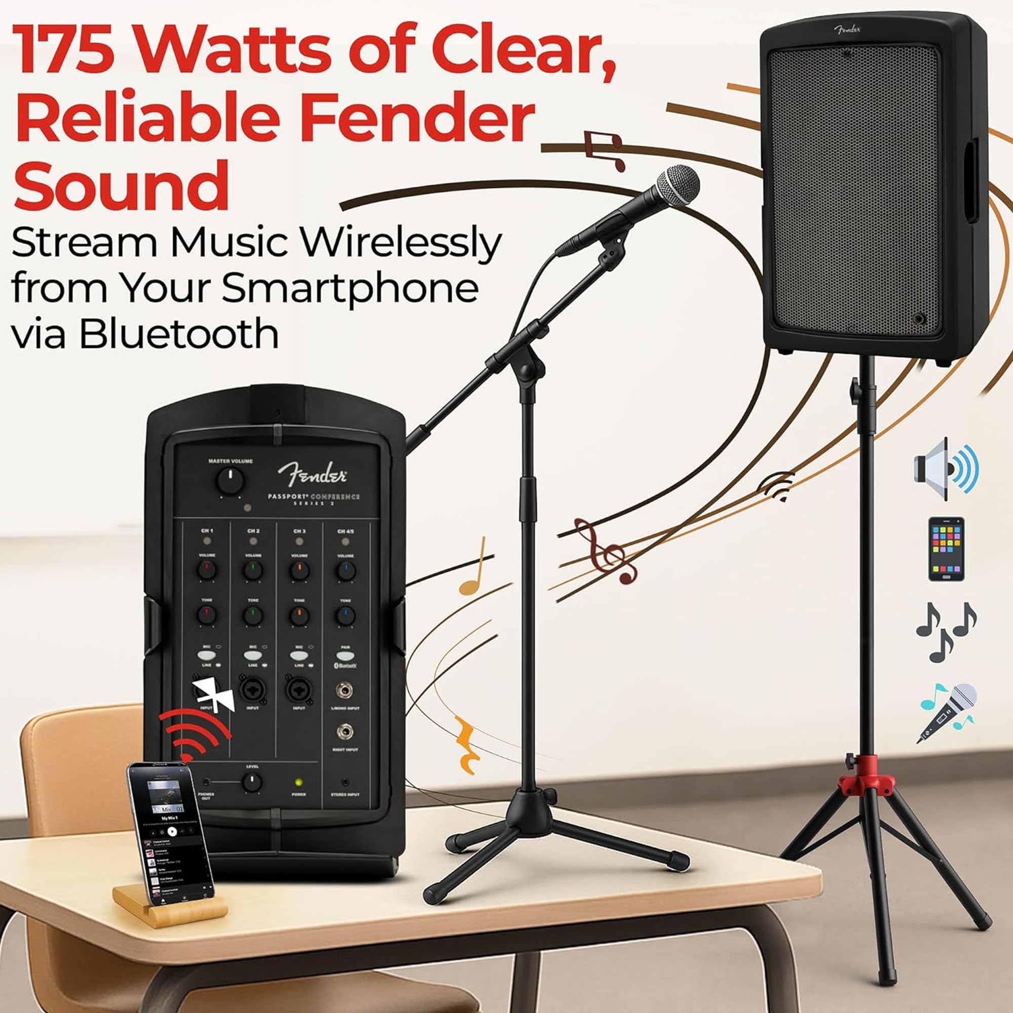 Fender Passport Conference S2 Portable PA System Bundle with Microphone, Compact Speaker Stands, XLR Cable, and Instrument Cable
