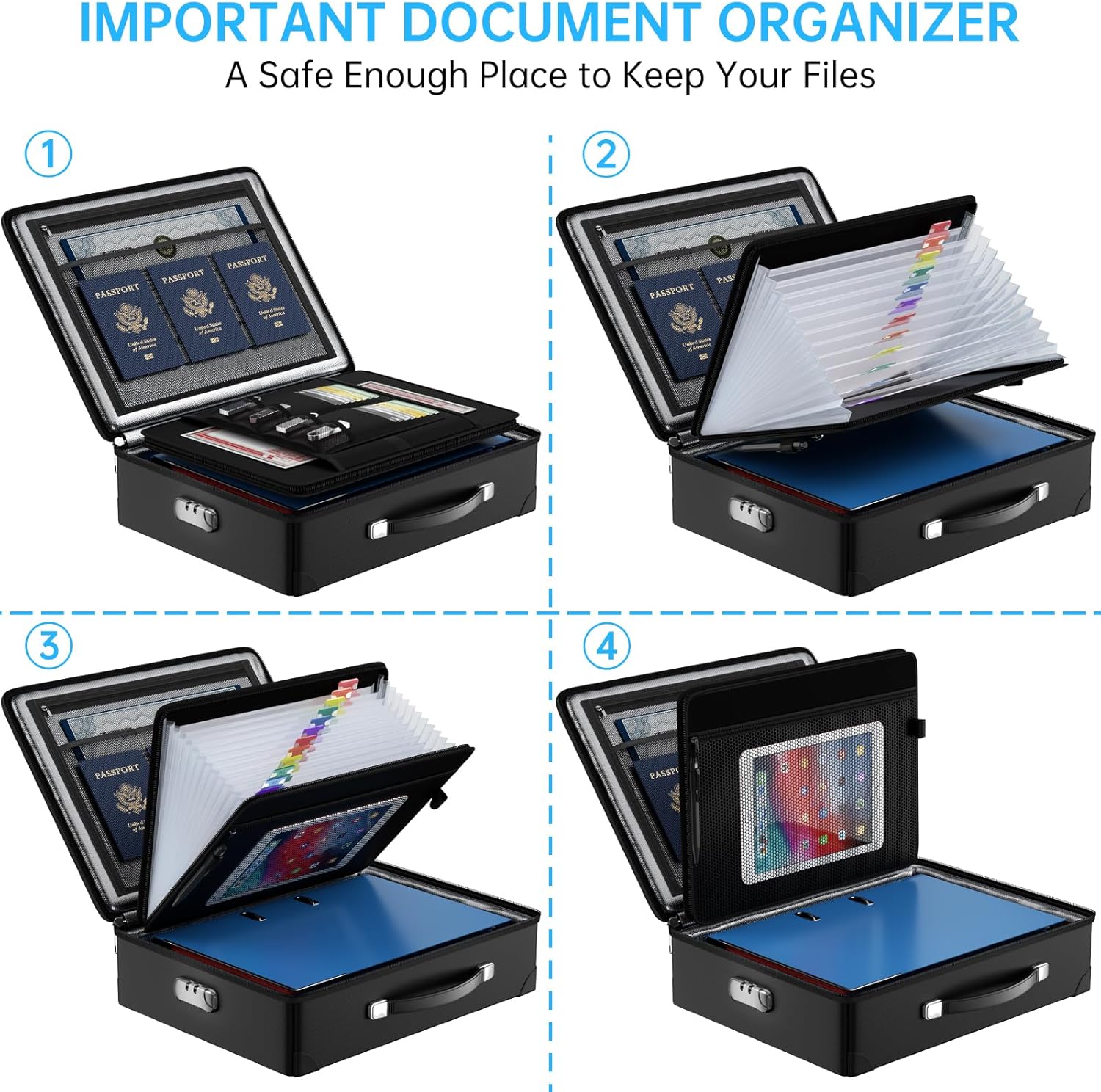 Fireproof Document Box with lock, File Organizer with Fireproof Zipper, Hard Shell Fireproof & Waterproof Storage box, Portable Safe for Home, Important Documents, Laptop, Black
