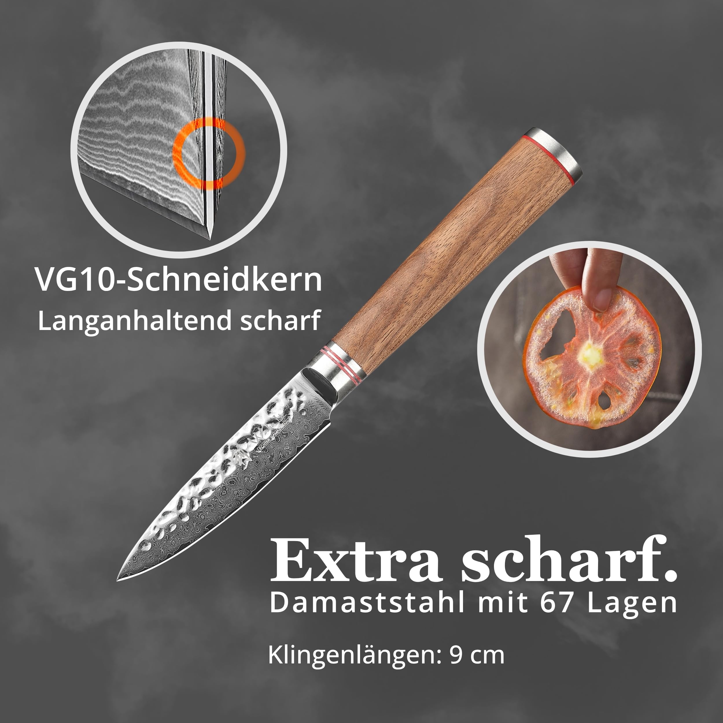Wakoli Nussbaum Officemesser 9 cm aus 67 Lagen Damaststahl mit VG10 Kern | Mit Hammerschlag, Nussbaumholzgriff und 15° V-Schliff zum Schälen, Putzen und Dekorieren von Obst und Gemüse, in Geschenkbox