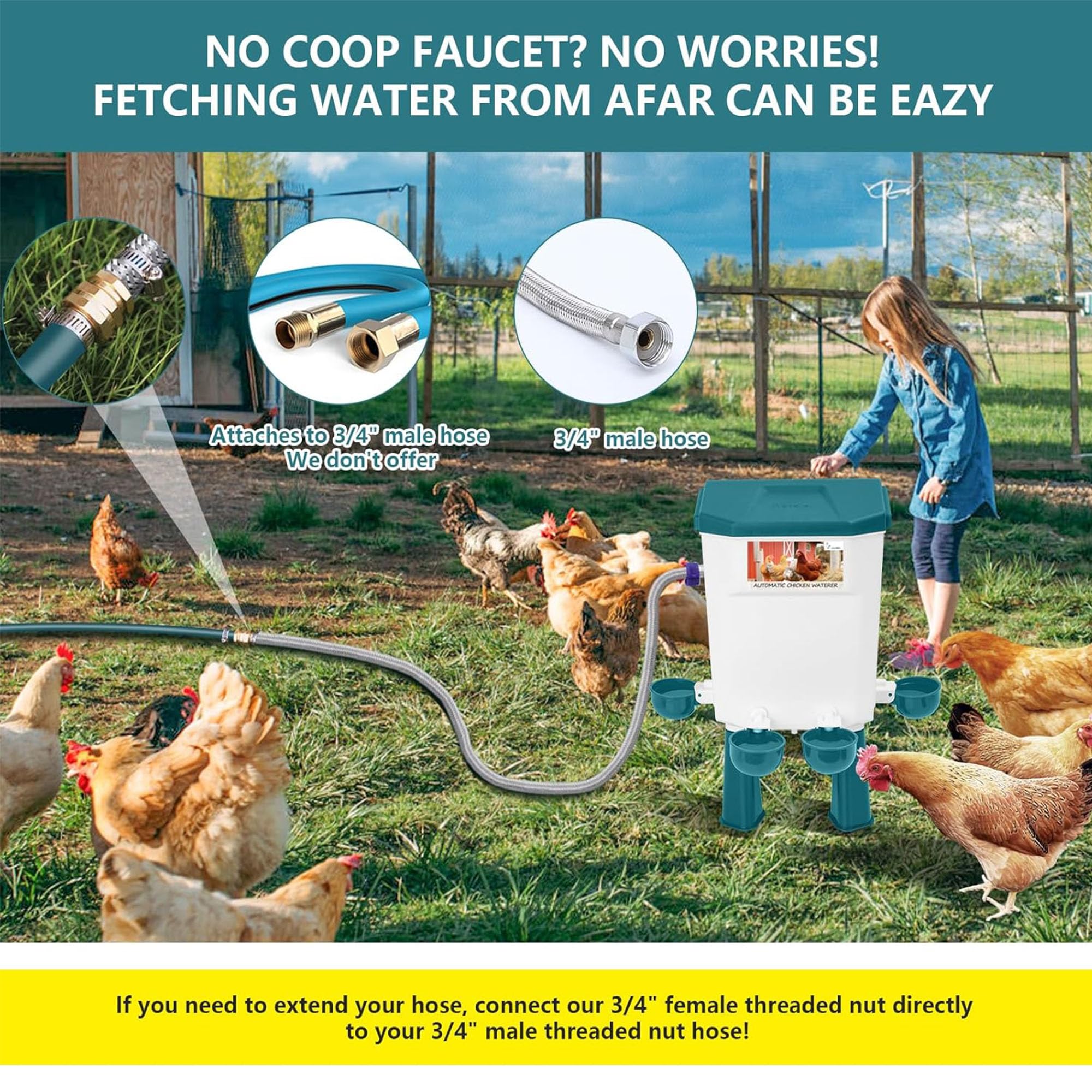 Regadera automática de pollo, bebedero de aves de corral independiente de 7 L con patas ajustables y manguera de acero inoxidable para un fácil acceso