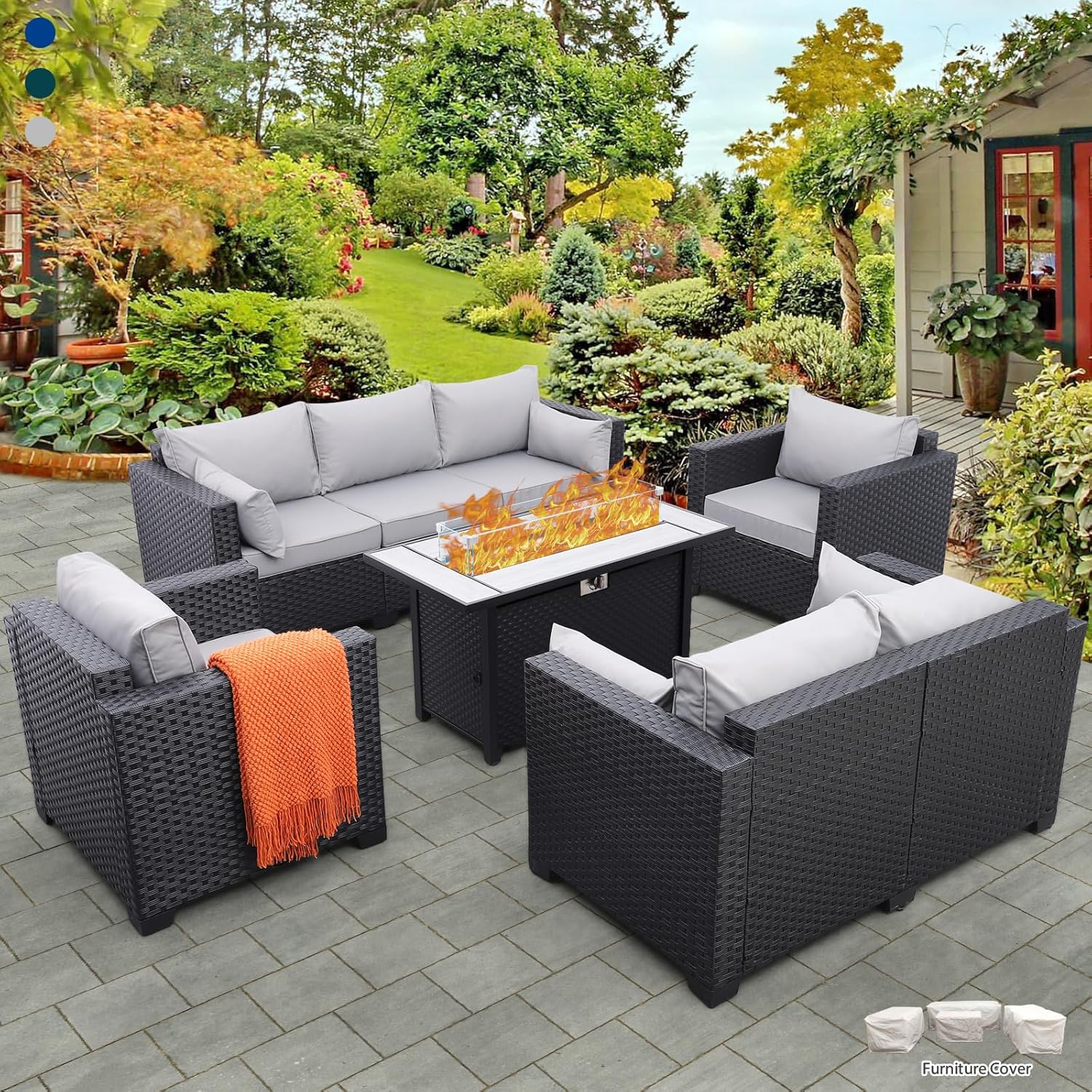 Rattaner 5 Pcs Outdoor Furniture Sets Patio Furniture Set with 45″ Fire Pit Patio Couch Outdoor Chairs 60000 BTU Steel Propane Fire Pit Table No-Slip Cushions and Waterproof Covers, Light Grey