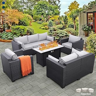 5 Pcs Outdoor Furniture Sets Patio Furniture Set with 45" Fire Pit Patio Couch Outdoor Chairs 60000 BTU Steel Propane Fire Pit Table No-Slip Cushions and Waterproof Covers, Light Grey
