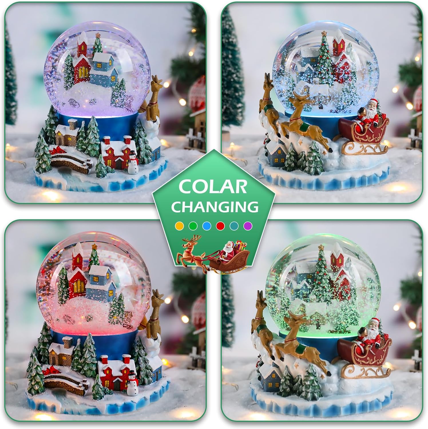 Christmas Snow Globe Santa Reindeer Snow Globe with 8 Songs Color Changing Santa Claus Sleigh Swirling Glitter Water Globe Musical Box for Christmas Home Décor