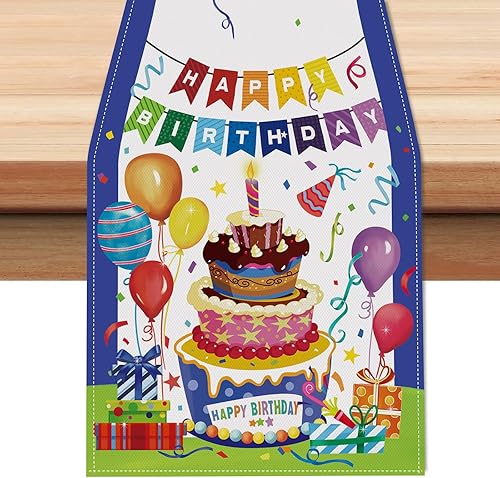 Bonhause Camino de mesa de feliz cumpleaños de 13 x 72 pulgadas, globos para tartas, regalos, cocina, comedor, decoración de cumpleaños para