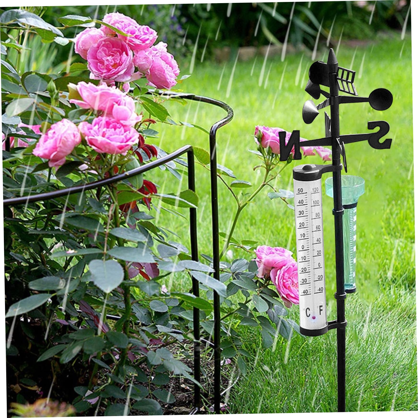 Drahtlose Wetterstation mit drehbarer Halterung 55'' mit Regenmesser-Thermometerfahne für den Garten