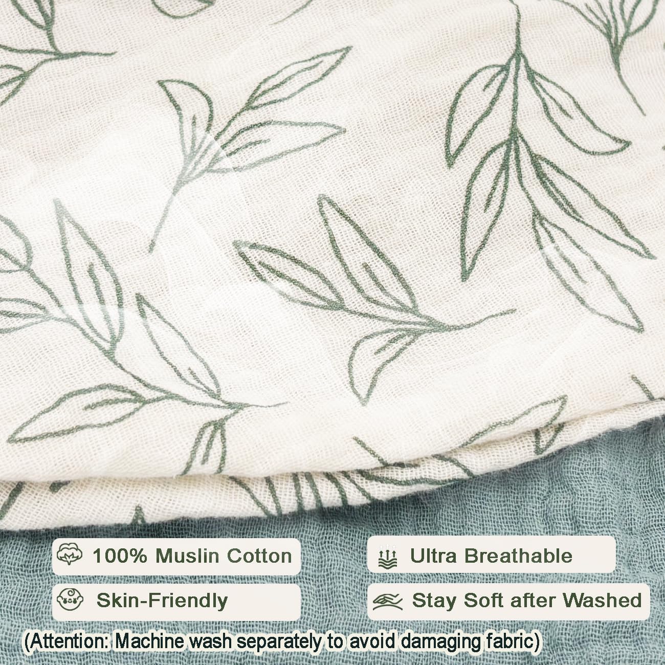 Nursing Pillow Cover - 2-Pack Muslin Cotton Removable Covers for Breastfeeding Pillows, Ultra-Soft Baby Feeding Pillowcase for Boy & Girl, Fits 22.5"x18" Pillows (Green Leaf & Sage Green) - Image 4