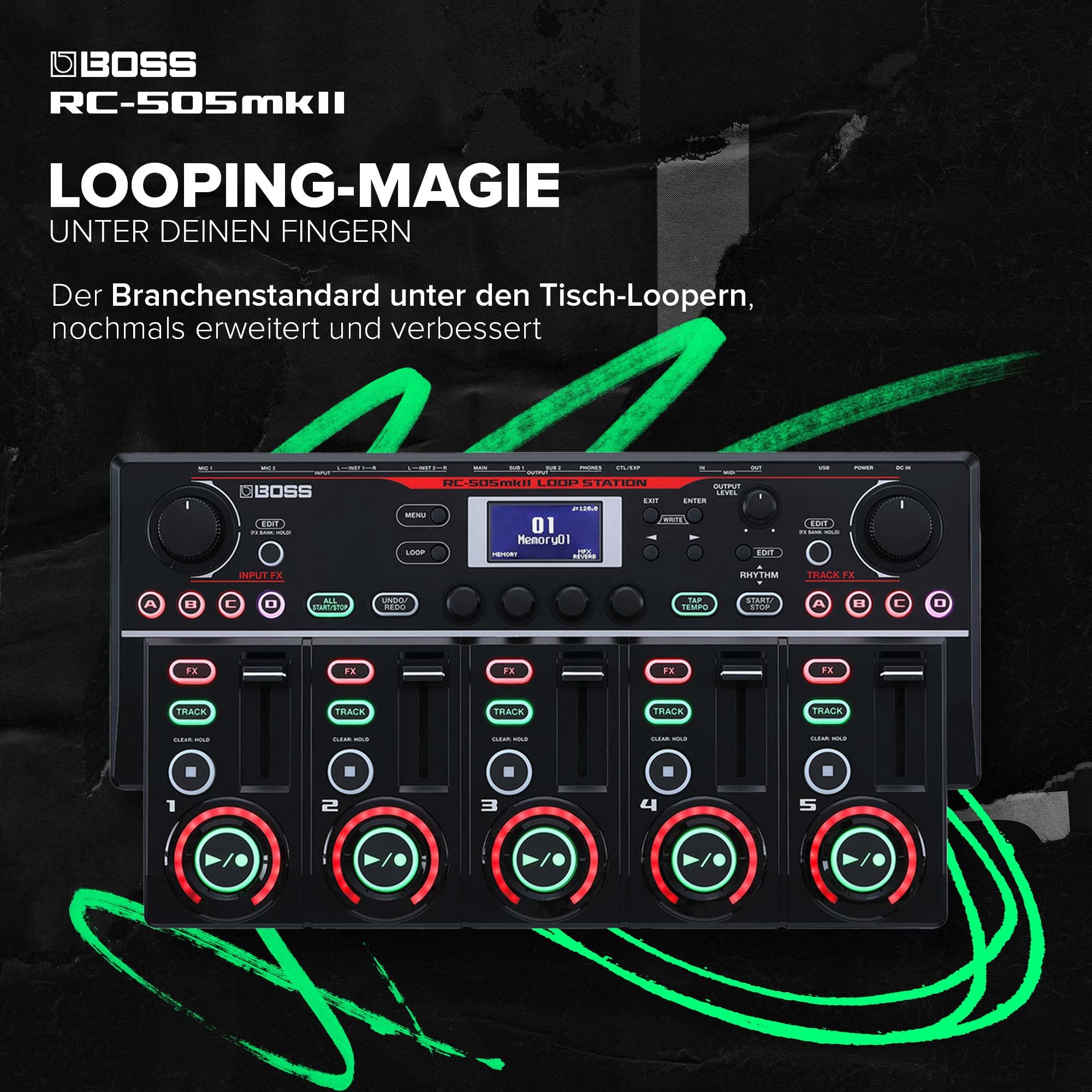 BOSS RC-505mkII Loop Station | Erweiterte Version des Tisch-Looper-Branchenstandards | Fünf simultane Stereo-Phrasenspuren | Riesige integrierte Effektauswahl | Extrem robuste Fader