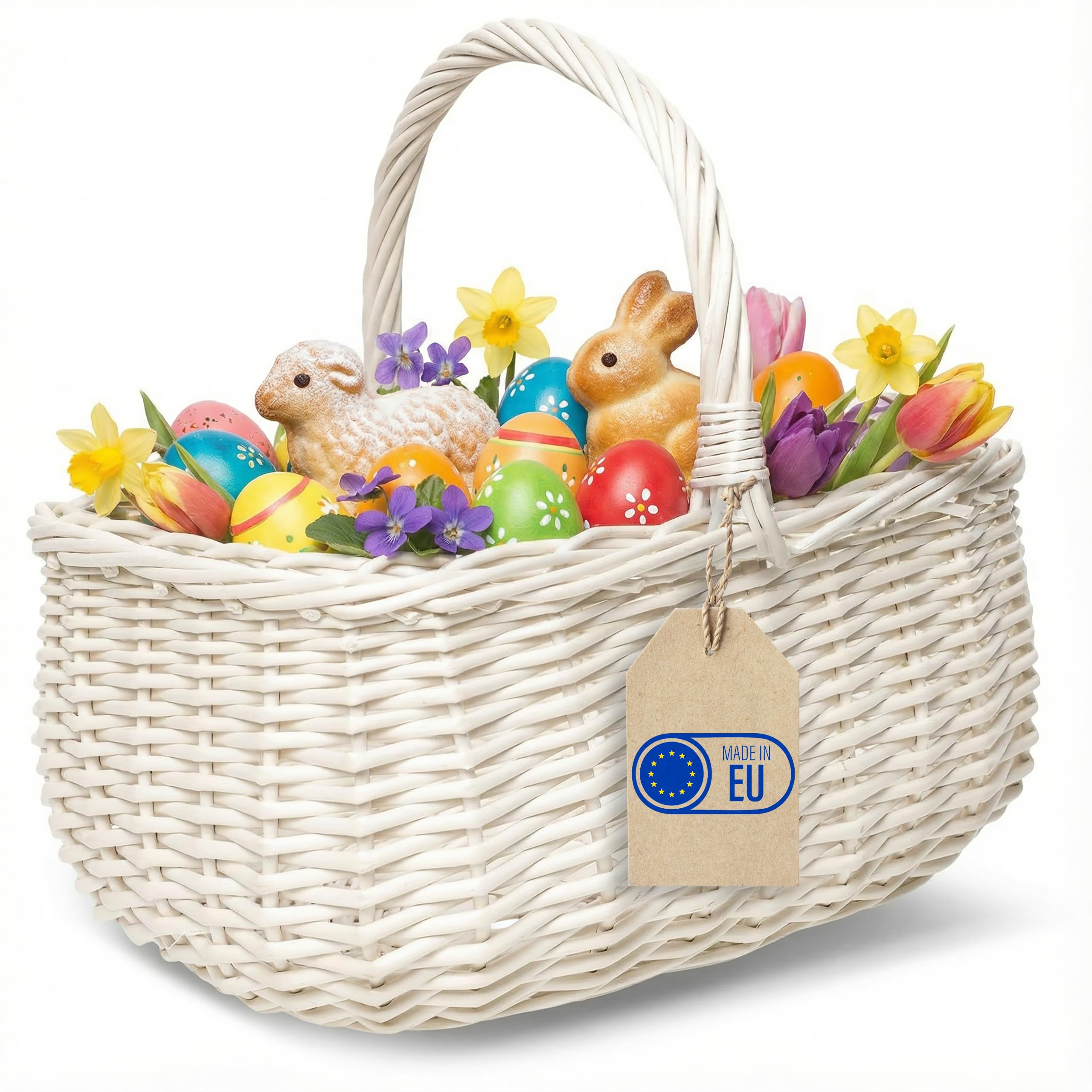 Creative Home Blanca Cesta de Mimbre Grande con Asa | 36 x 27 x 32 cm (+/- 2 cm) Ligera | para Picnic Plantas Almacenaje Decoración | Tejida a Mano | Marrón Natural | Multiuso, Práctica y Duradera