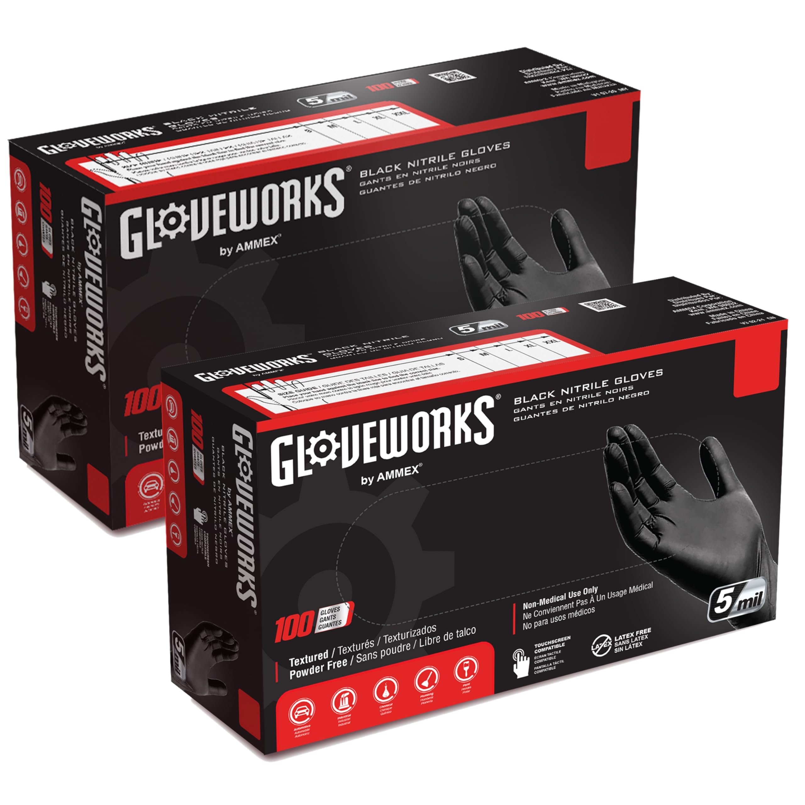 GLOVEWORKS Black Disposable Nitrile Industrial Gloves 5 Mil, Latex/Powder-Free, Food-Safe, Textured