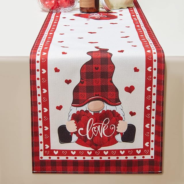 Red Love Heart Gnomes Table Runner Buffalo Plaid Love Rose Heart Linen Table Runner for Anniversary Wedding Party Holiday Dinner Home Table Decorations, 13 x 70 Inch