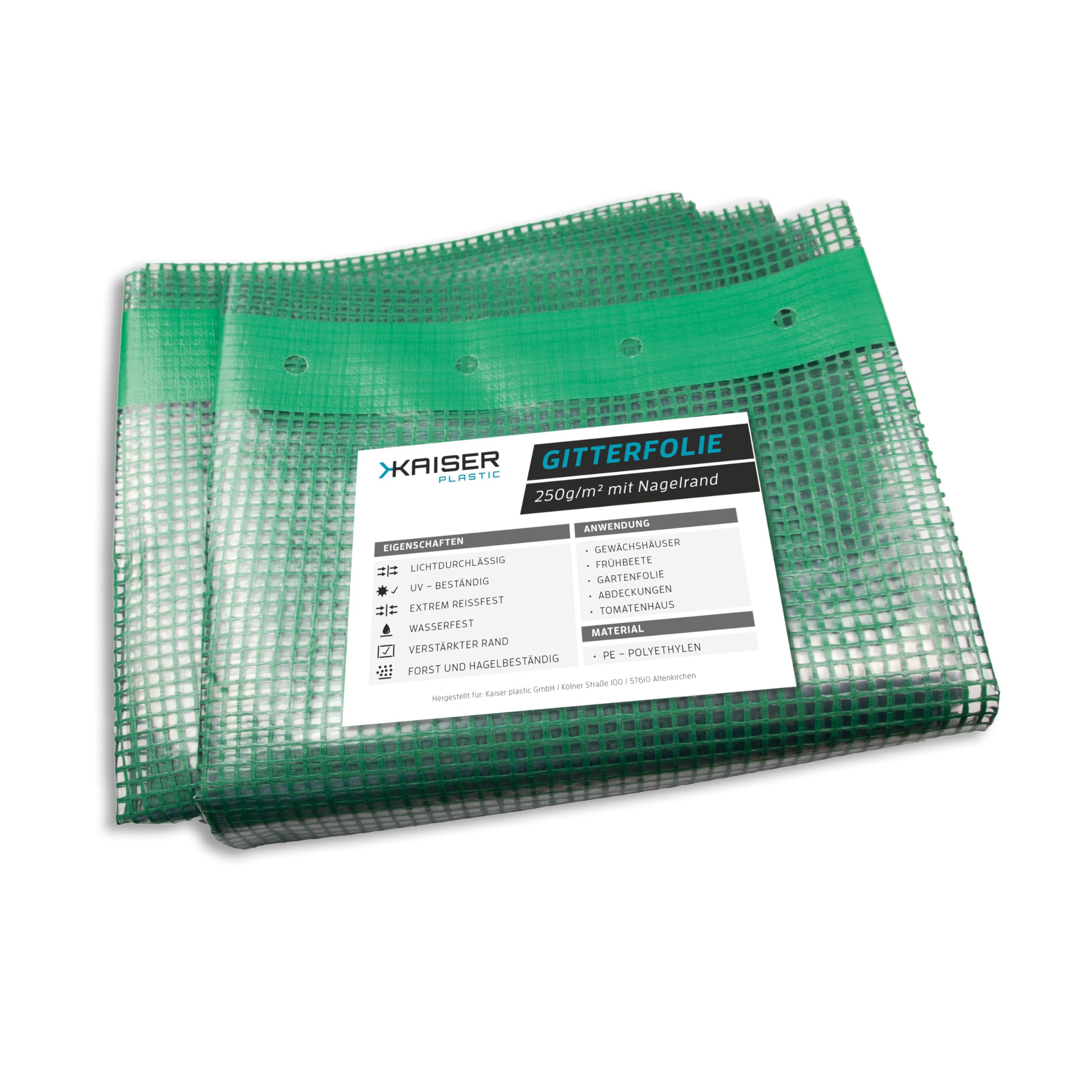 Kaiser plastic® Gitterfolie | Gewächhausfolie, Gartenfolie, Frühbeetfolie | 250g/m² Xtra Strong | 1,5m breit verschiedenen Längen | mit Nadelrand (1,5 x 8m)