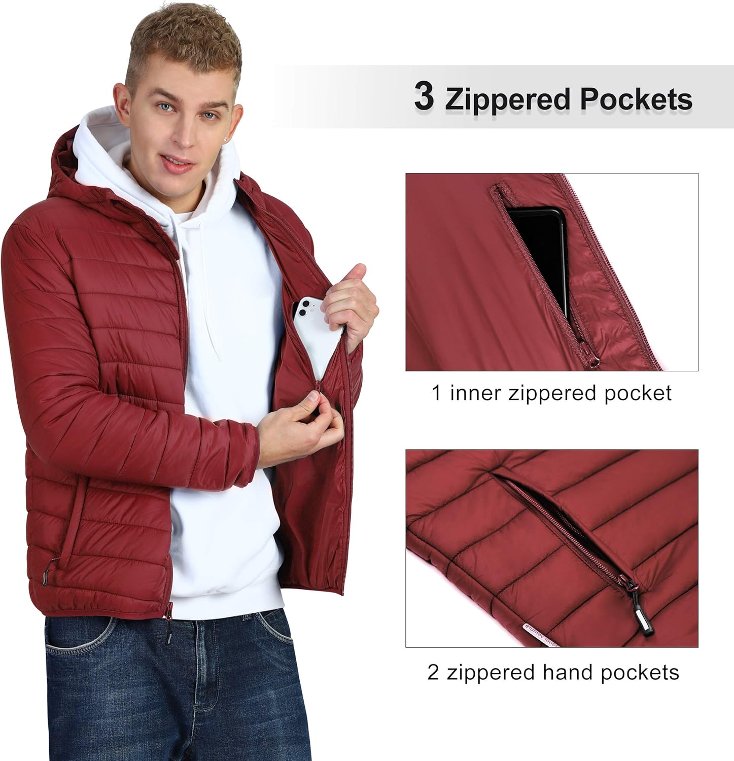 Outdoor Ventures Men's Lightweight Packable Hooded Puffer Jacket Insulated Winter Coat for Snow Ski Traveling - Image 3