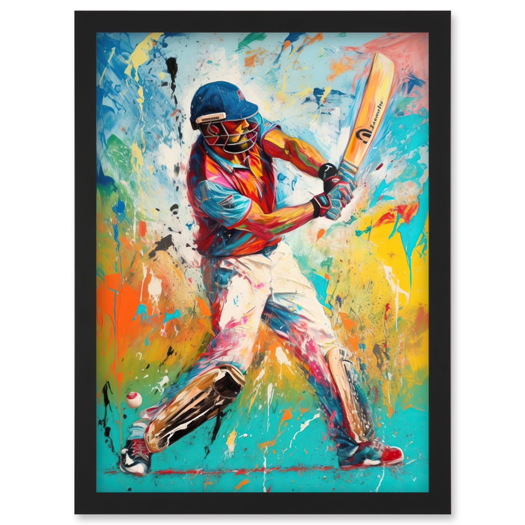 Artery8 Cricket Shot Vibrant Cricketer Batsman Portrait Artwork Framed Wall Art Print A4