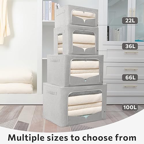 Miniatura 5 de Paquete de 3 contenedores de almacenamiento de ropa, caja de almacenamiento plegable con marco de metal, juego organizador de tela de lino apilable