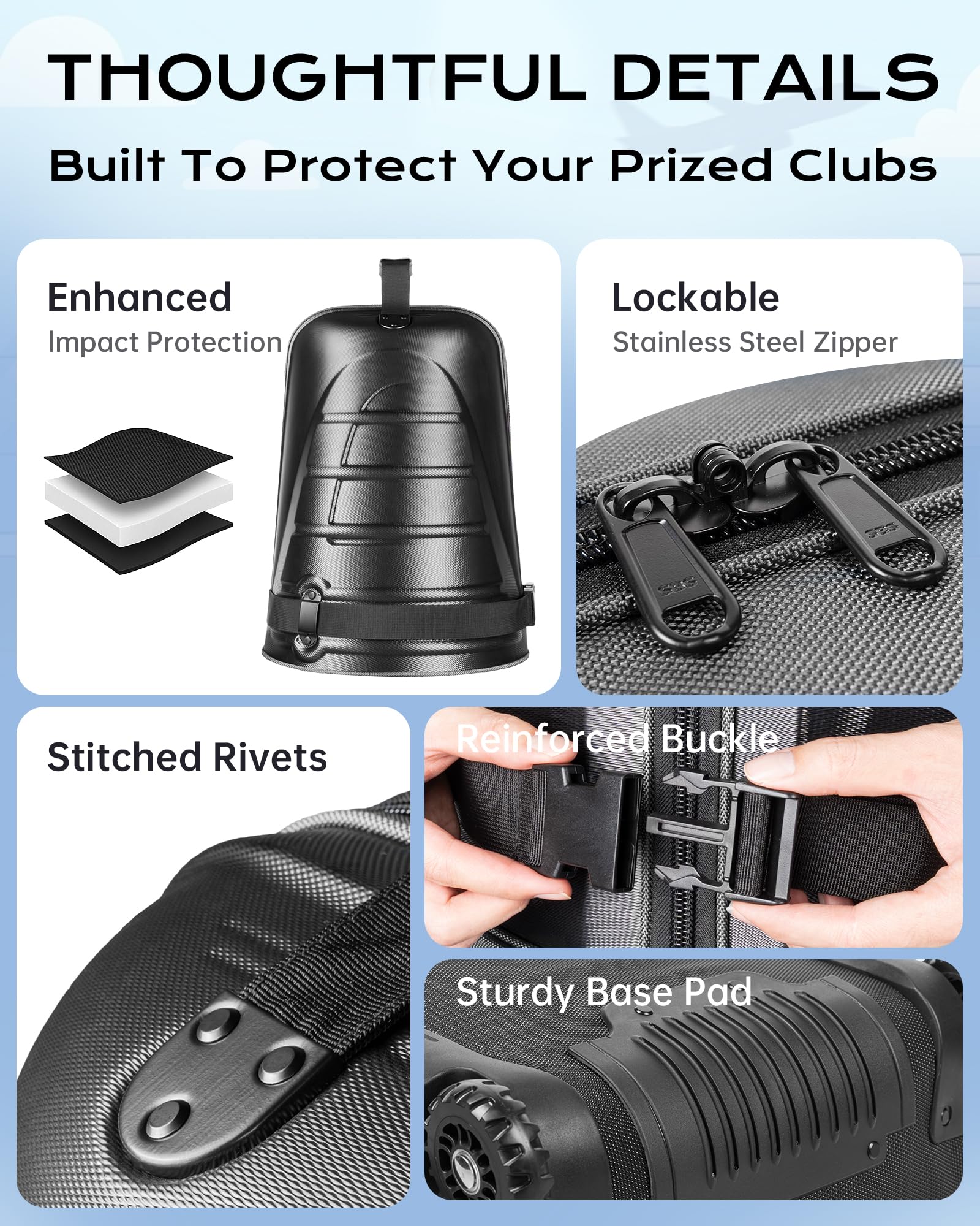 Golf-Reisetasche für Fluggesellschaften, ABS-Hartschalen-Oberteil, 1680D Oxford-Tuch, 4 Seitentaschen, zwei 10,2 cm Räder, abschließbare Reißverschlüsse, faltbarer Club-Reisekoffer
