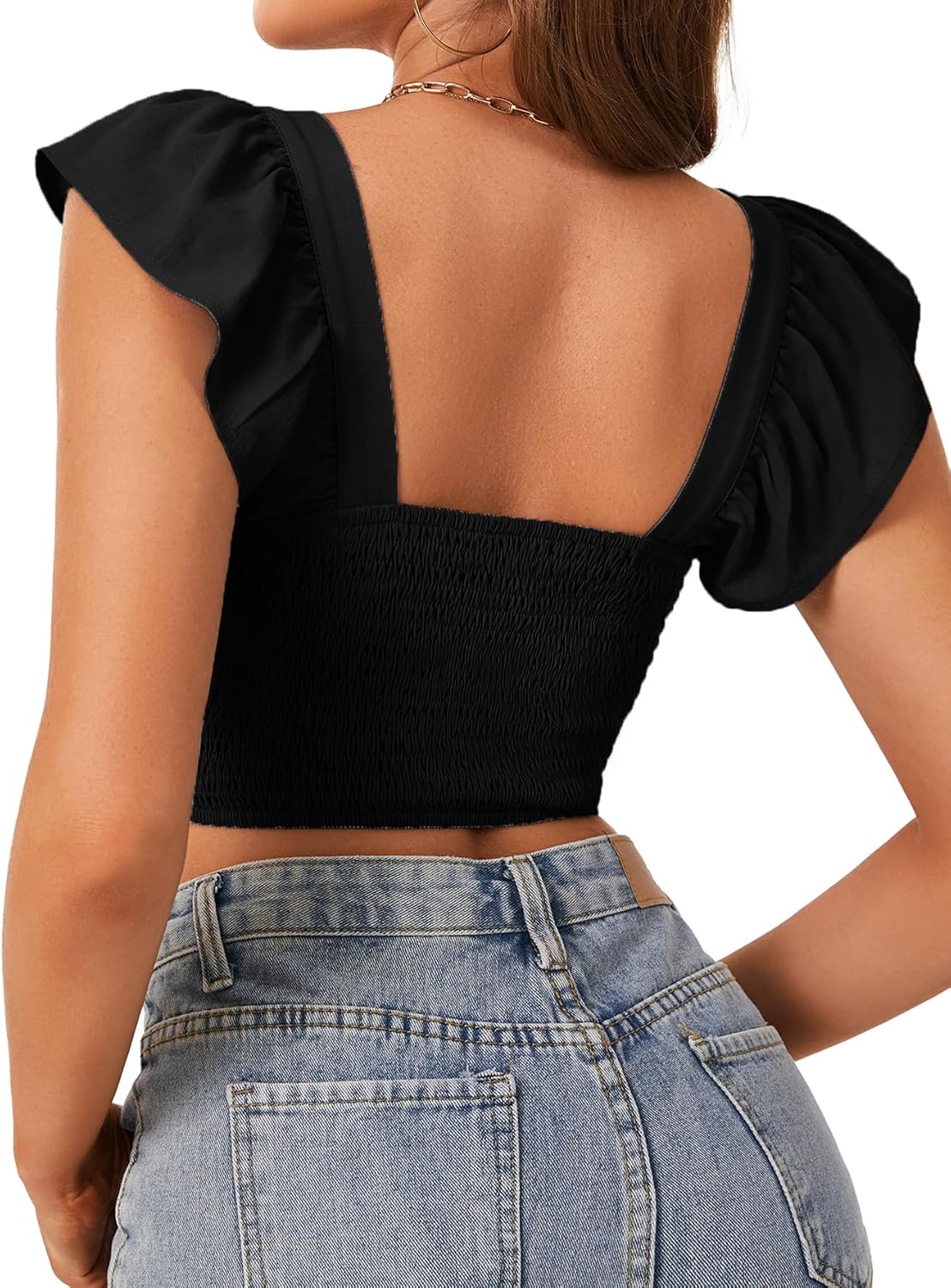 LYANER Women's Summer Sweetheart Blouse Smocked Backless Ruffle Sleeve Tank Crop Tops - Image 5