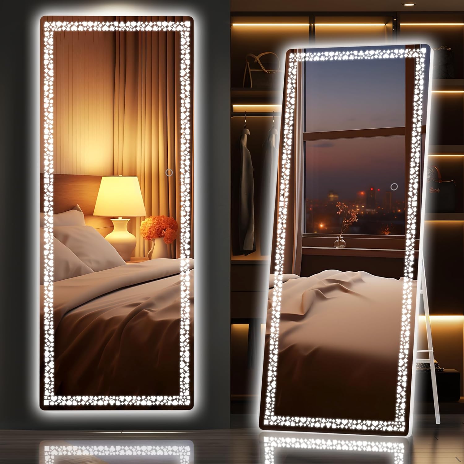 Hasipu 57” x 16" Full Length Mirror with LED Lights, Full Body Mirror for Vanity, Dressing Room, LED Free Standing Floor Mirror, Wall Mounted Mirror Dimming & 3 Color Modes (White-57 * 16)