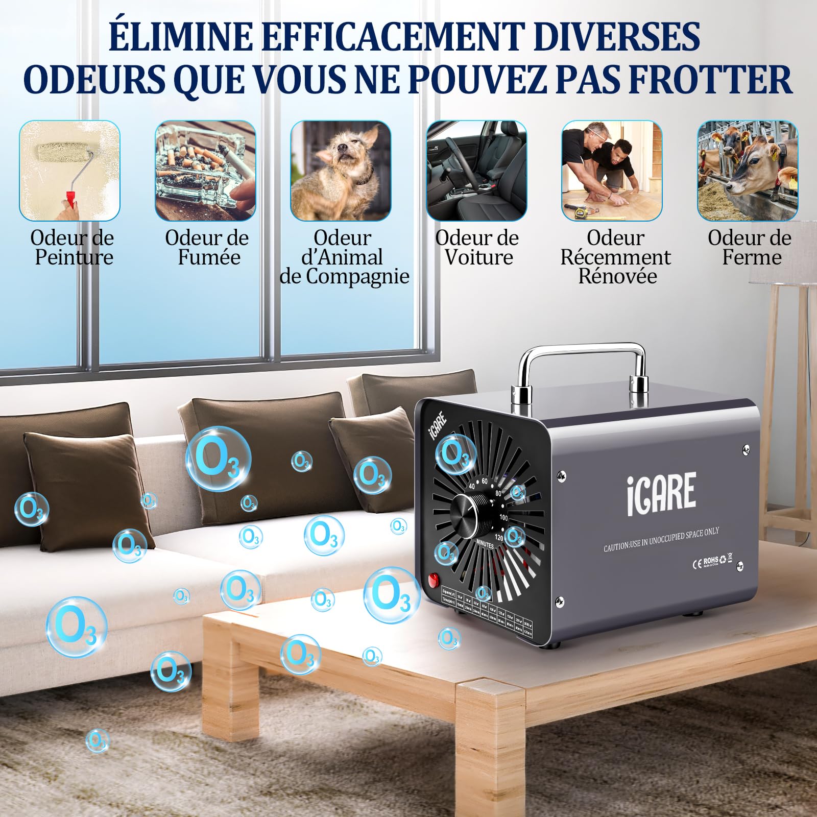 ICARE Générateur d'Ozone Domestique 30000 mg/h, Machine à Ozone pour Purification de l'Air et Élimination des Odeurs Dispositif d'Ozone Portable O3 pour Bureau, Salle de Bain, Maison, Voiture