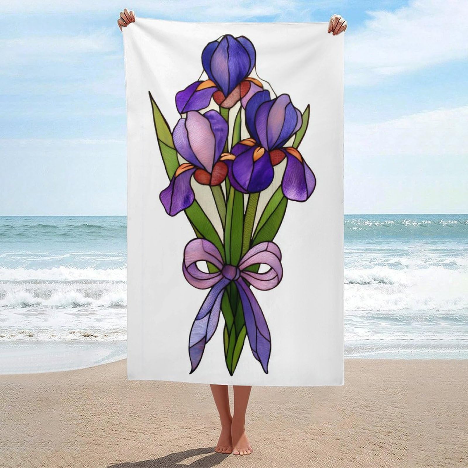 asbwuo Stained Glass Purple Flowers Bouquet with Ribbon Beach Towel