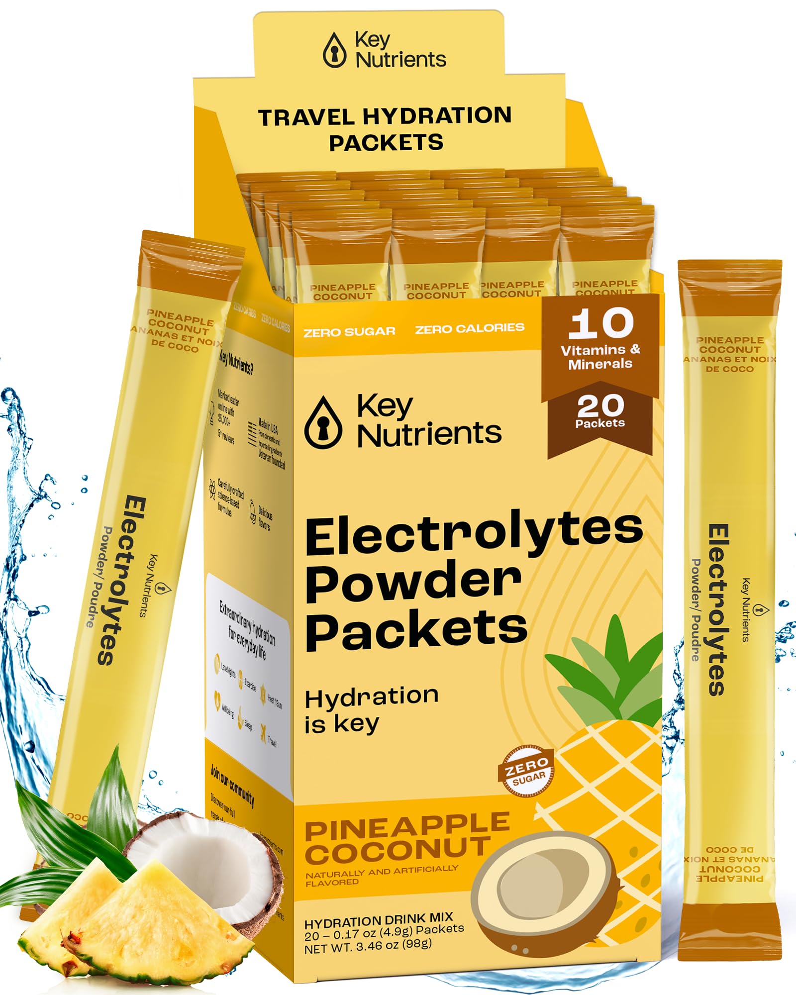 KEY NUTRIENTS Electrolytes Powder Packets - Tropical Pineapple Coconut 20 Pack Hydration Packets - Travel Hydration Powder - No Sugar, No Calories, Gluten Free Keto Electrolytes Powder - Made in USA